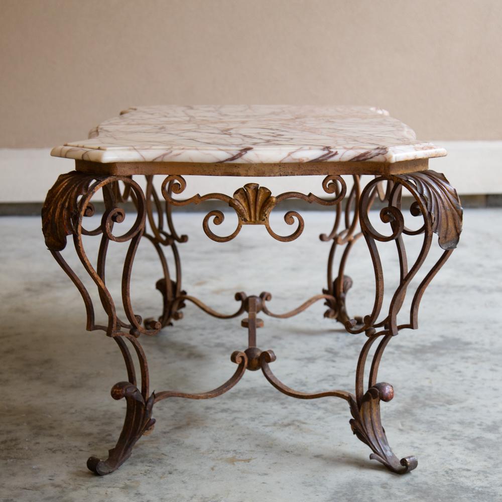 Hand-Crafted Antique Wrought Iron and Marble Coffee Table