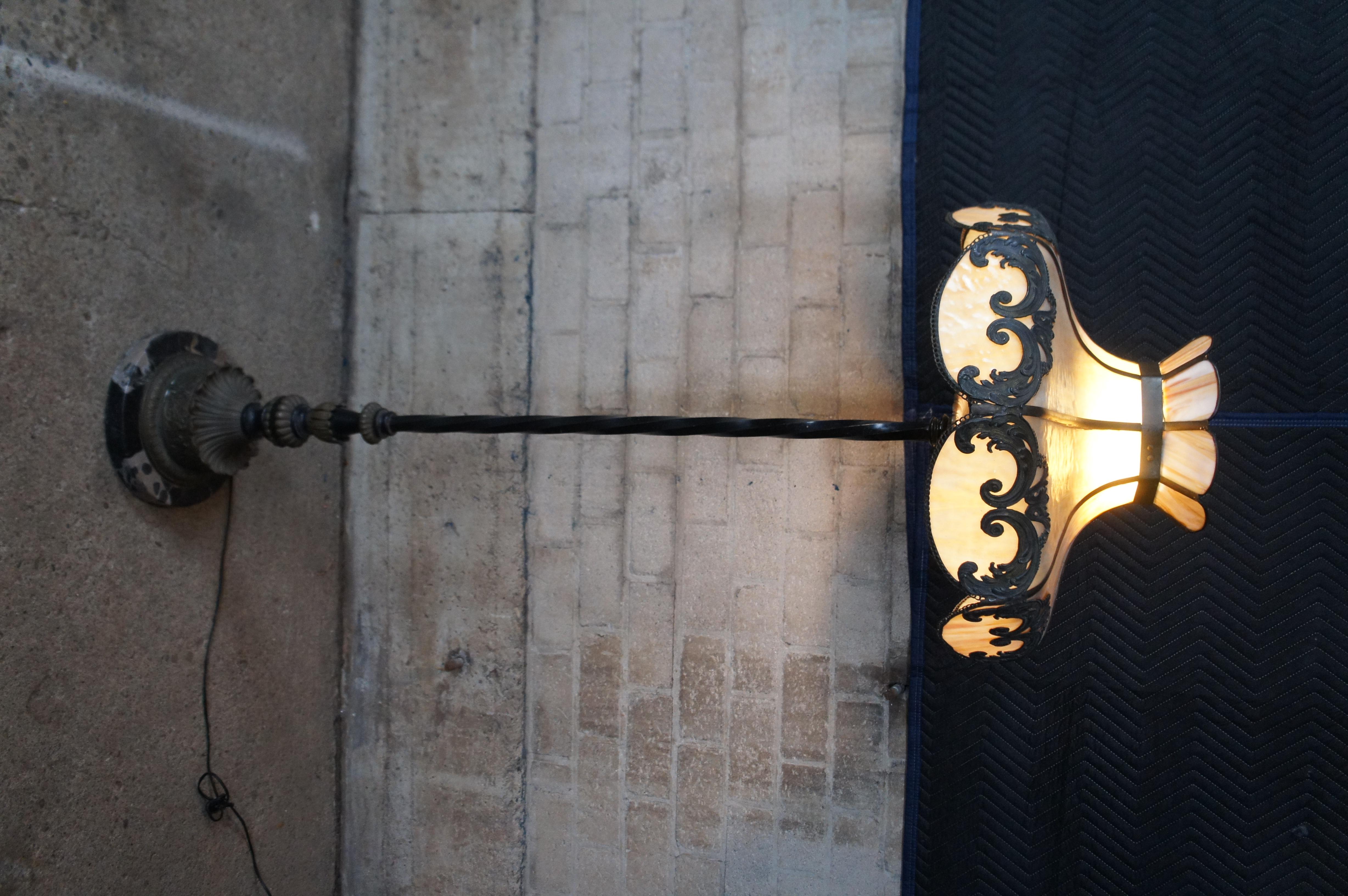Antique Wrought Iron Marble Slag Glass Tiffany Style Floor Lamp 66