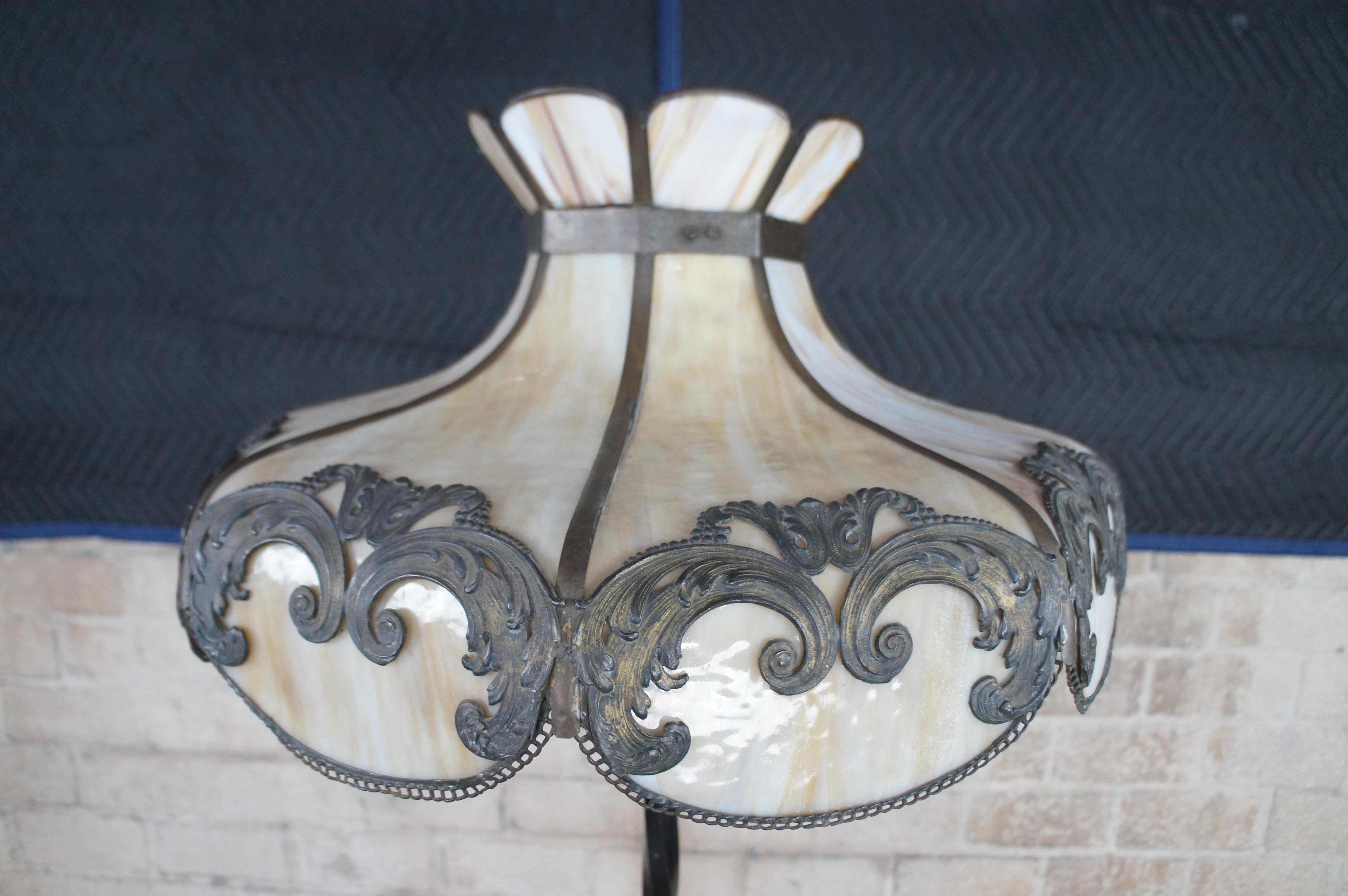20th Century Antique Wrought Iron Marble Slag Glass Tiffany Style Floor Lamp 66