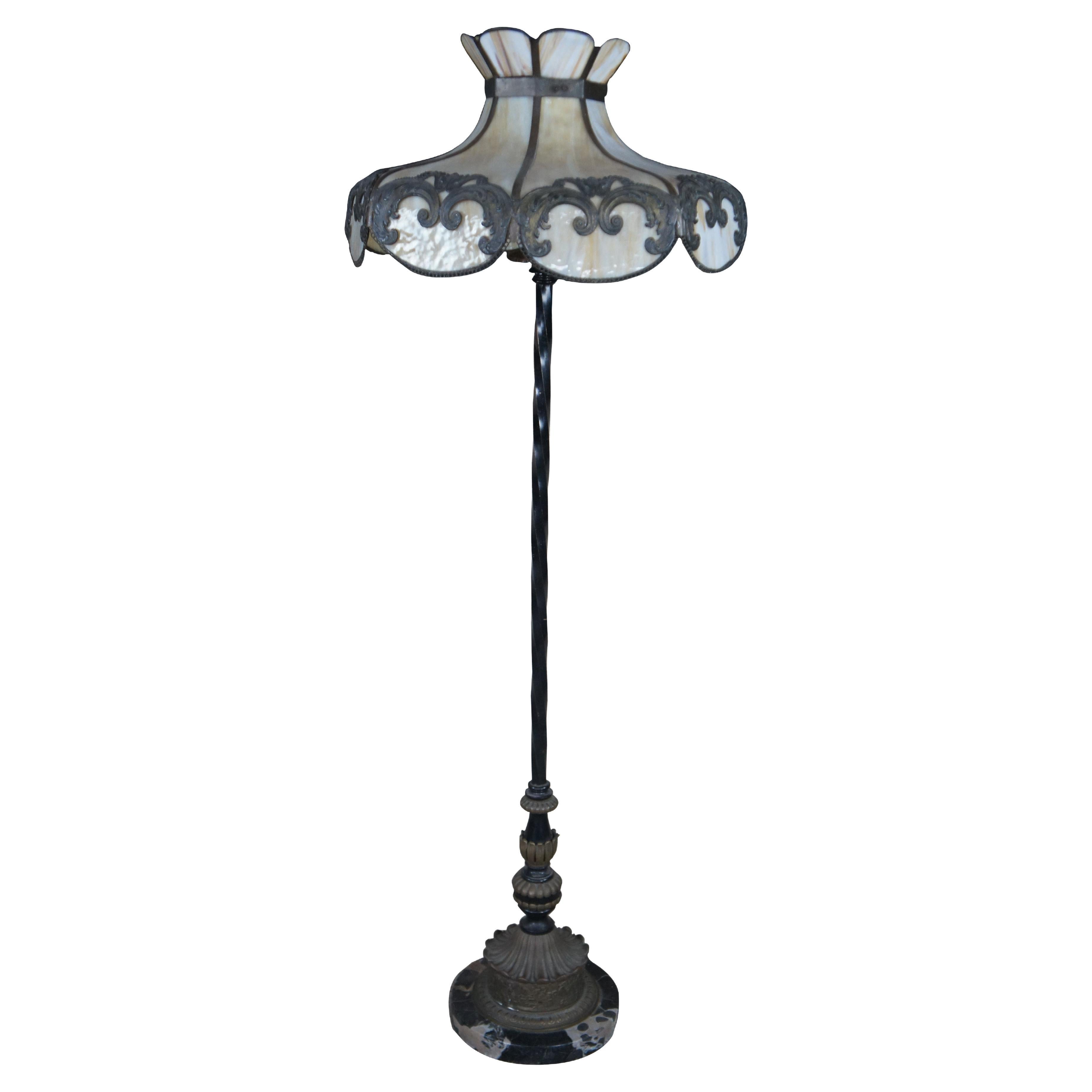 Antique Wrought Iron Marble Slag Glass Tiffany Style Floor Lamp 66" For Sale