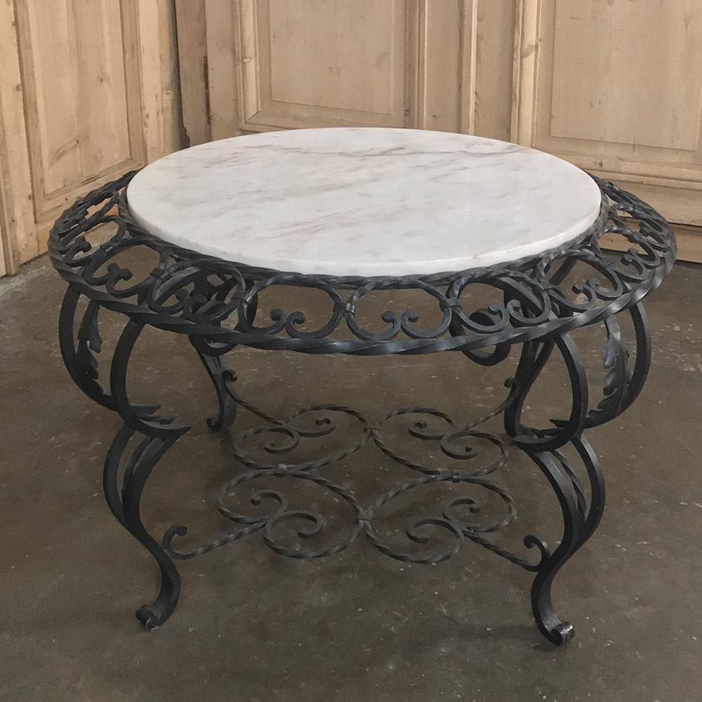 Hand-Crafted Mid-Century French Wrought Iron Marble-Top Coffee Table