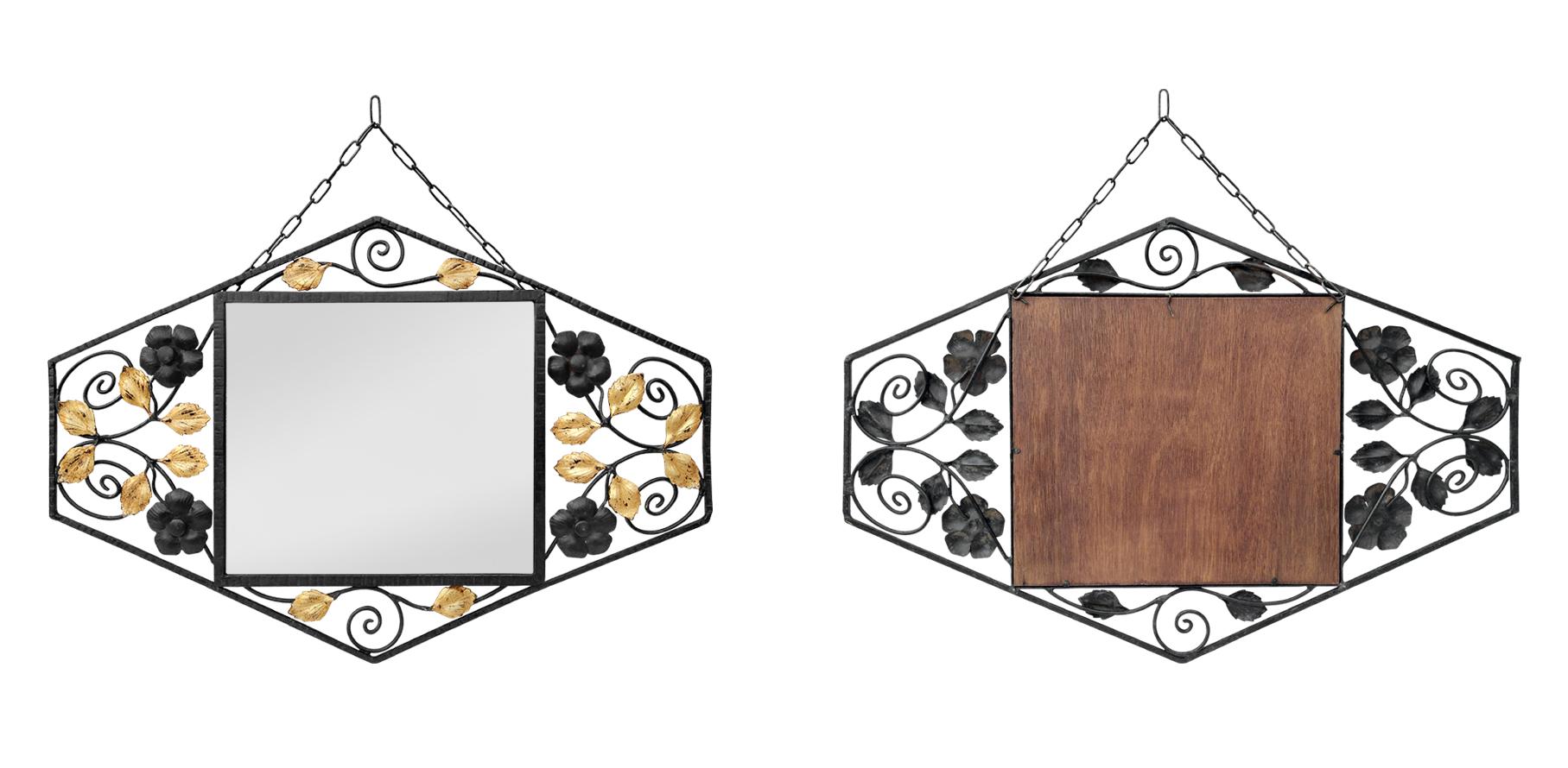 Antique Mirror in ferro battuto, fogliame dorato, Art Deco, circa 1935 In condizioni buone in vendita a Paris, FR
