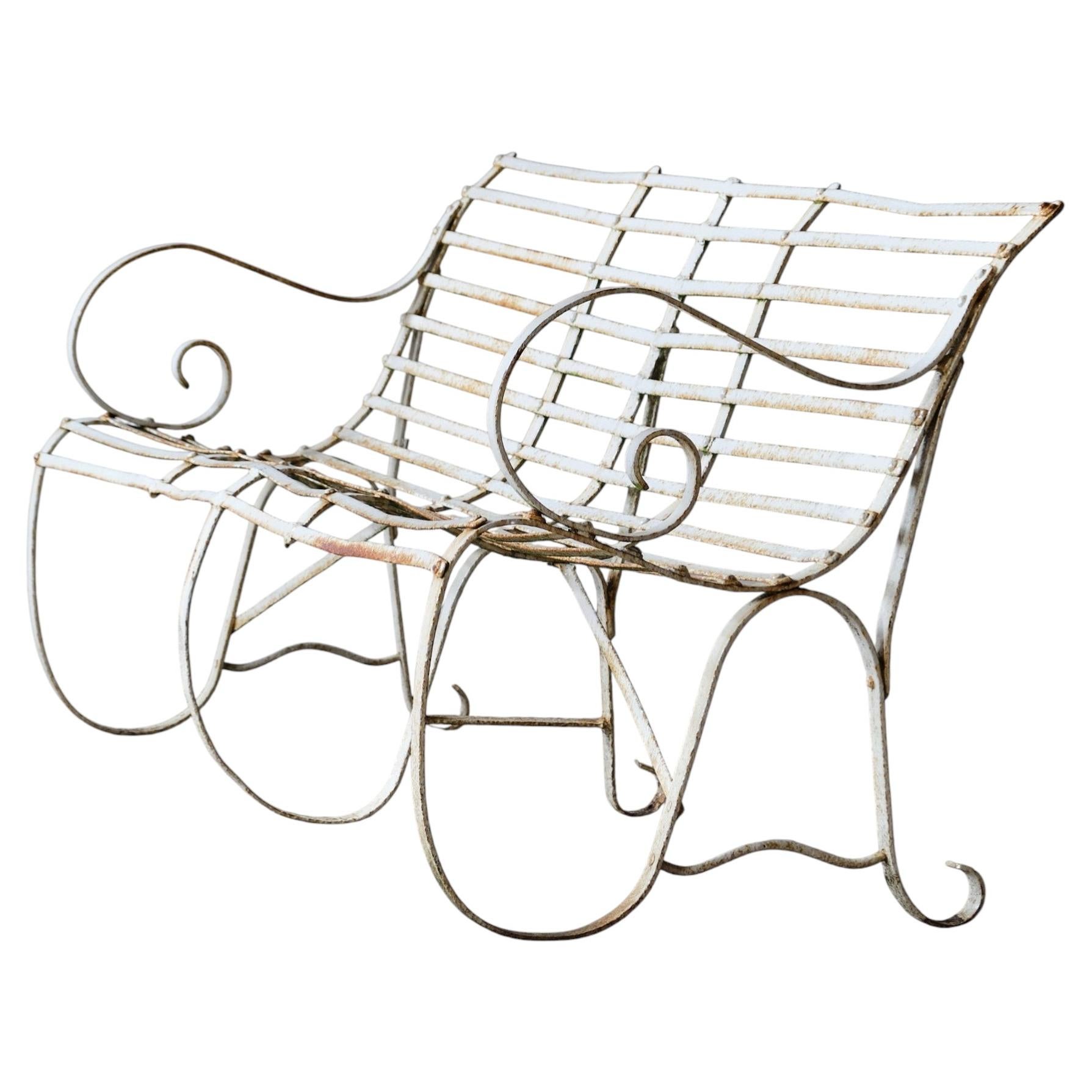 Antique Wrought Iron Strap Work Garden Bench For Sale