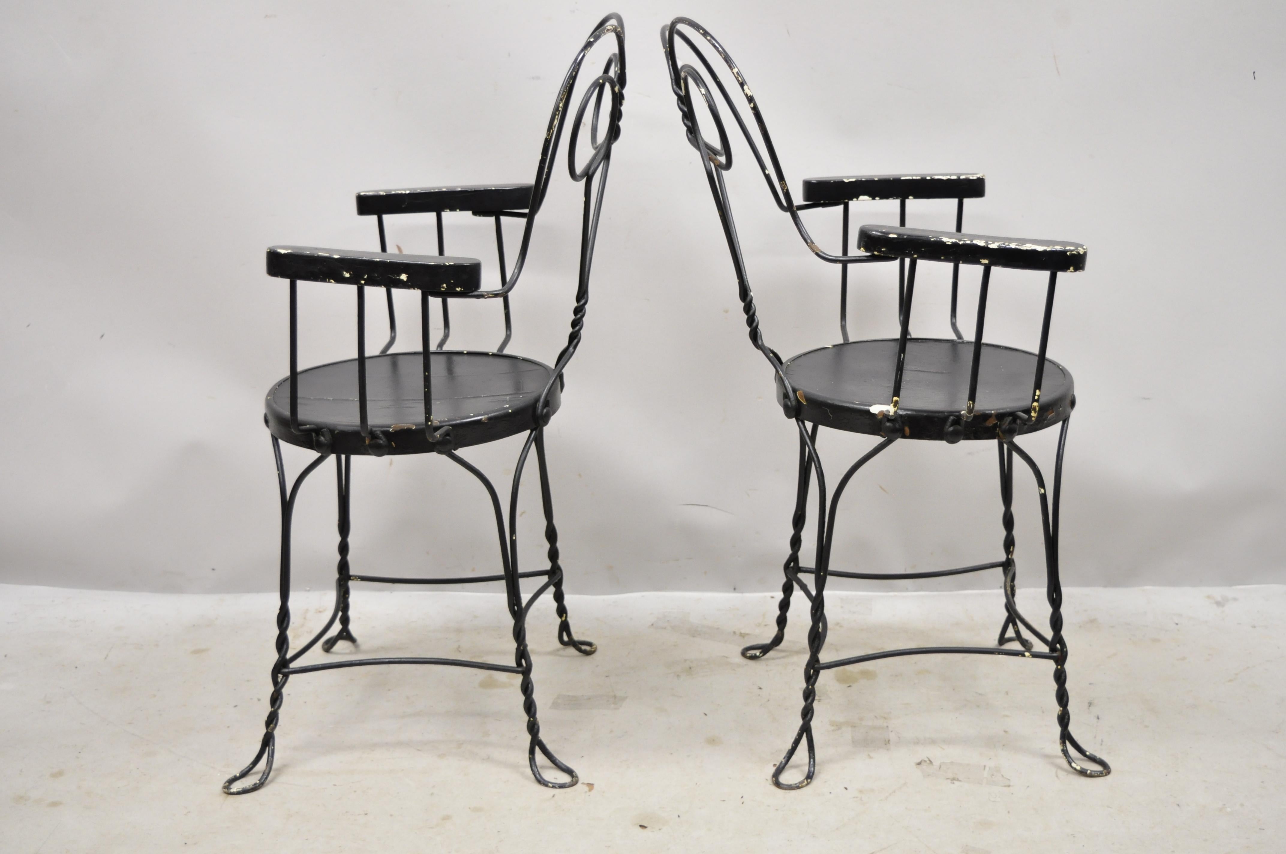 Antique Wrought Iron Twisted Metal Ice Cream Parlor Arm Chairs Wood Arms, Pair For Sale 1