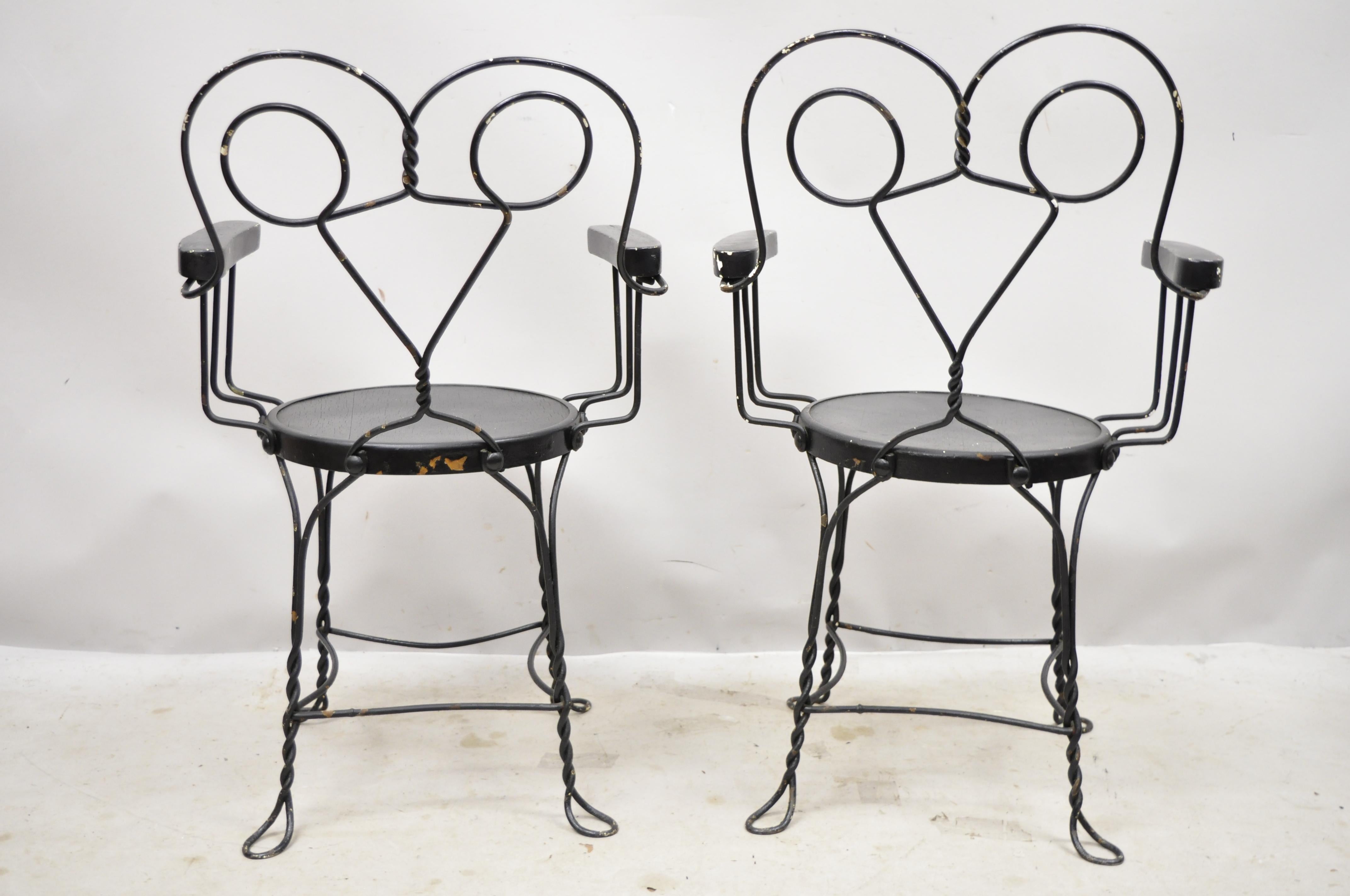 Antique Wrought Iron Twisted Metal Ice Cream Parlor Arm Chairs Wood Arms, Pair 1