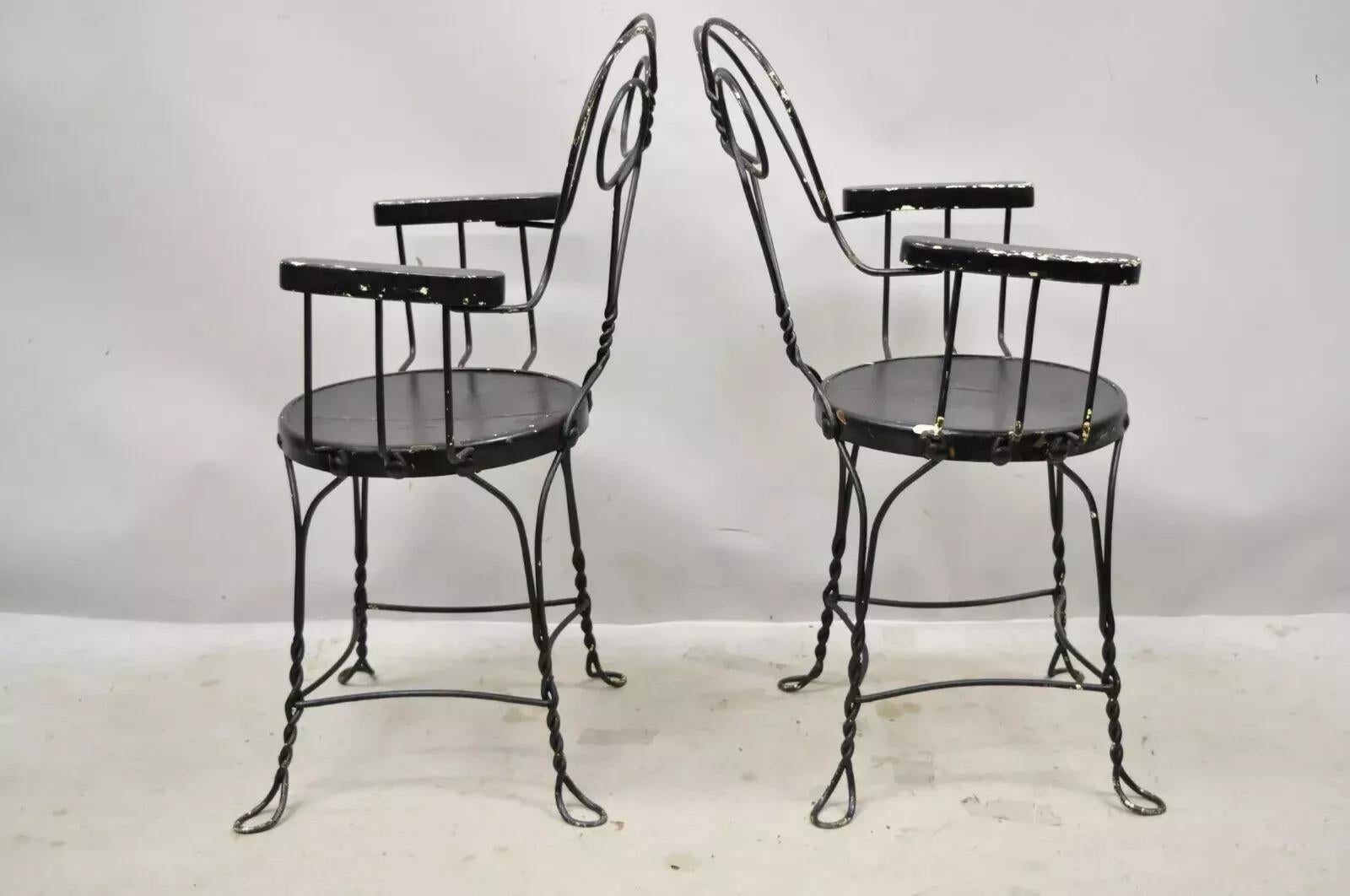 Antique Wrought Iron Twisted Metal Ice Cream Parlor Arm Chairs Wood Arms - Pair For Sale 4