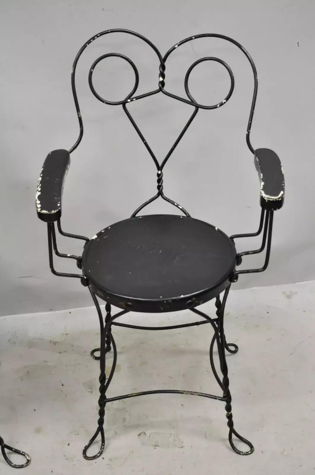 Antique Wrought Iron Twisted Metal Ice Cream Parlor Arm Chairs Wood Arms - Pair For Sale 5