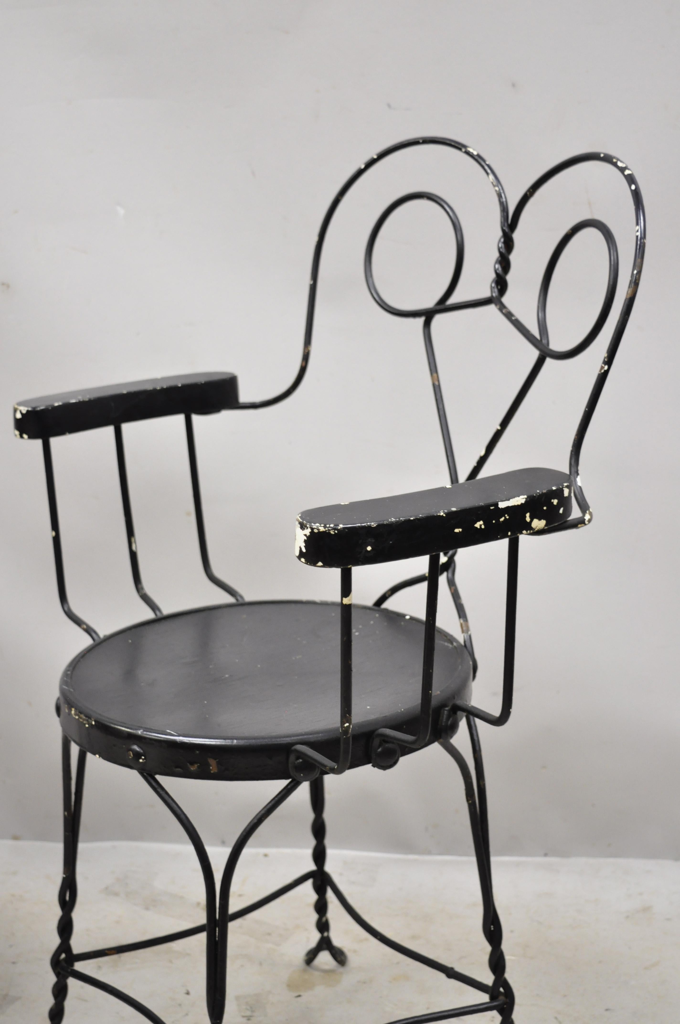 Antique Wrought Iron Twisted Metal Ice Cream Parlor Arm Chairs Wood Arms, Pair 3
