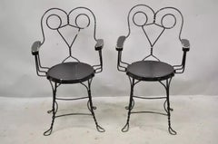 Antique Wrought Iron Twisted Metal Ice Cream Parlor Arm Chairs Wood Arms - Pair