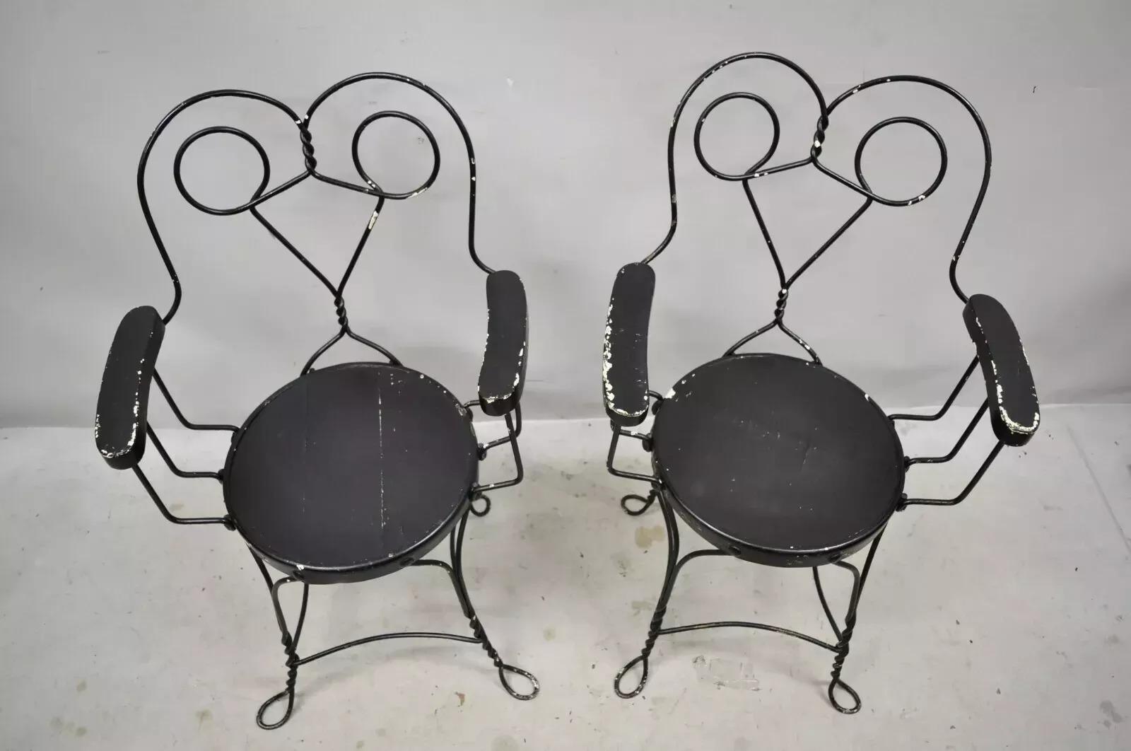 Arts and Crafts Antique Wrought Iron Twisted Metal Ice Cream Parlor Arm Chairs Wood Arms - Pair For Sale