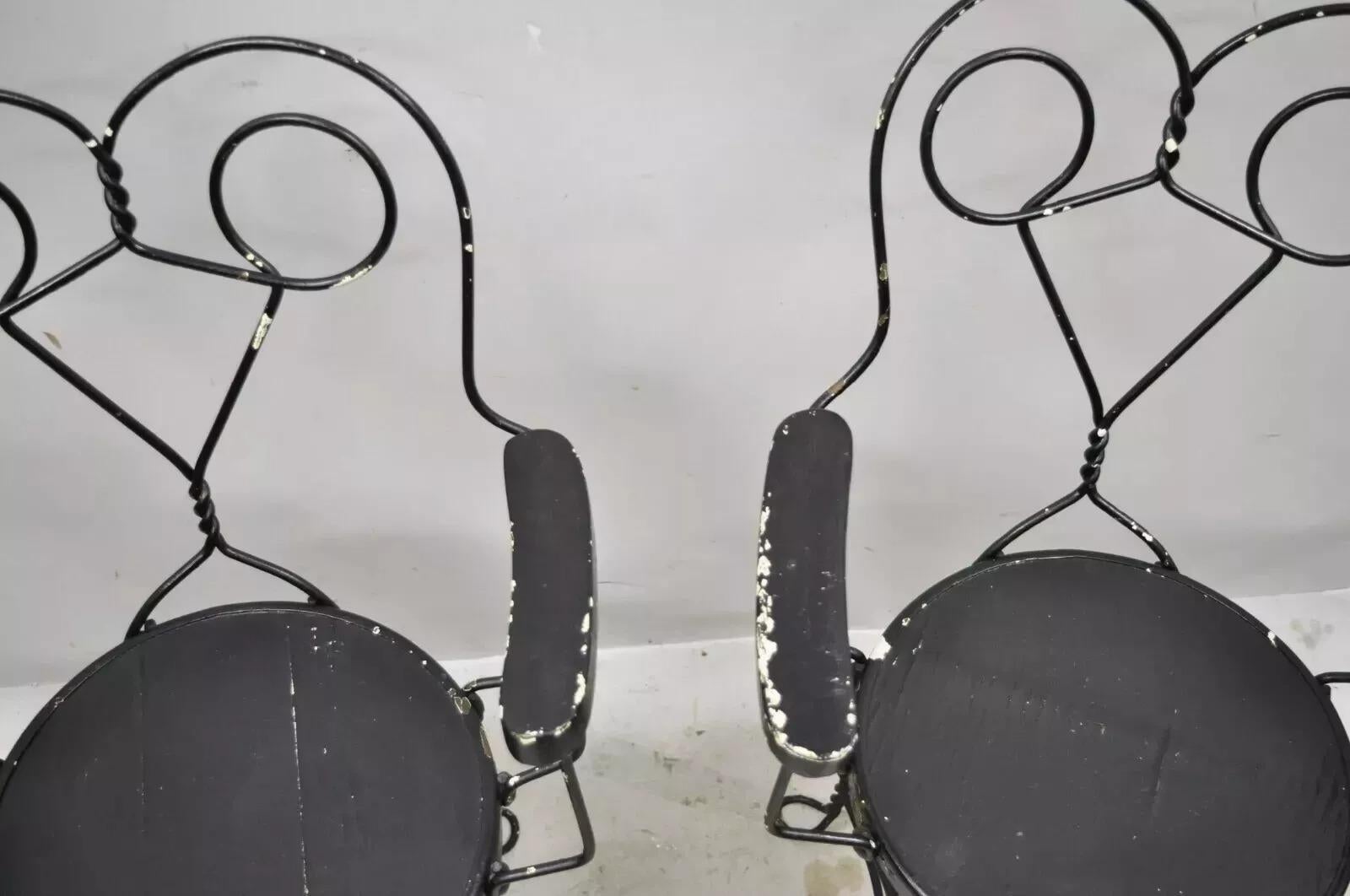 Unknown Antique Wrought Iron Twisted Metal Ice Cream Parlor Arm Chairs Wood Arms - Pair For Sale