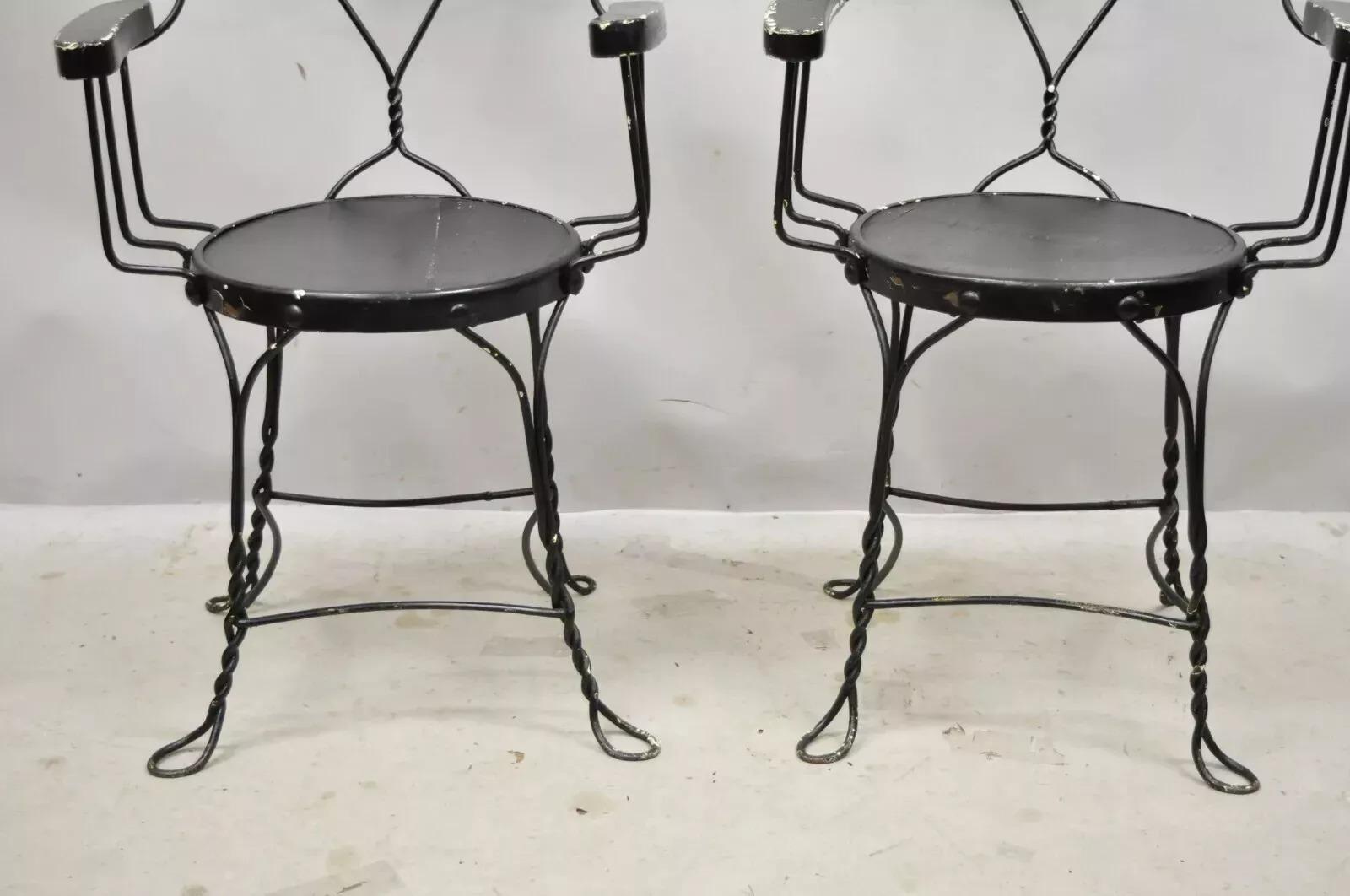 Antique Wrought Iron Twisted Metal Ice Cream Parlor Arm Chairs Wood Arms - Pair In Good Condition For Sale In Philadelphia, PA