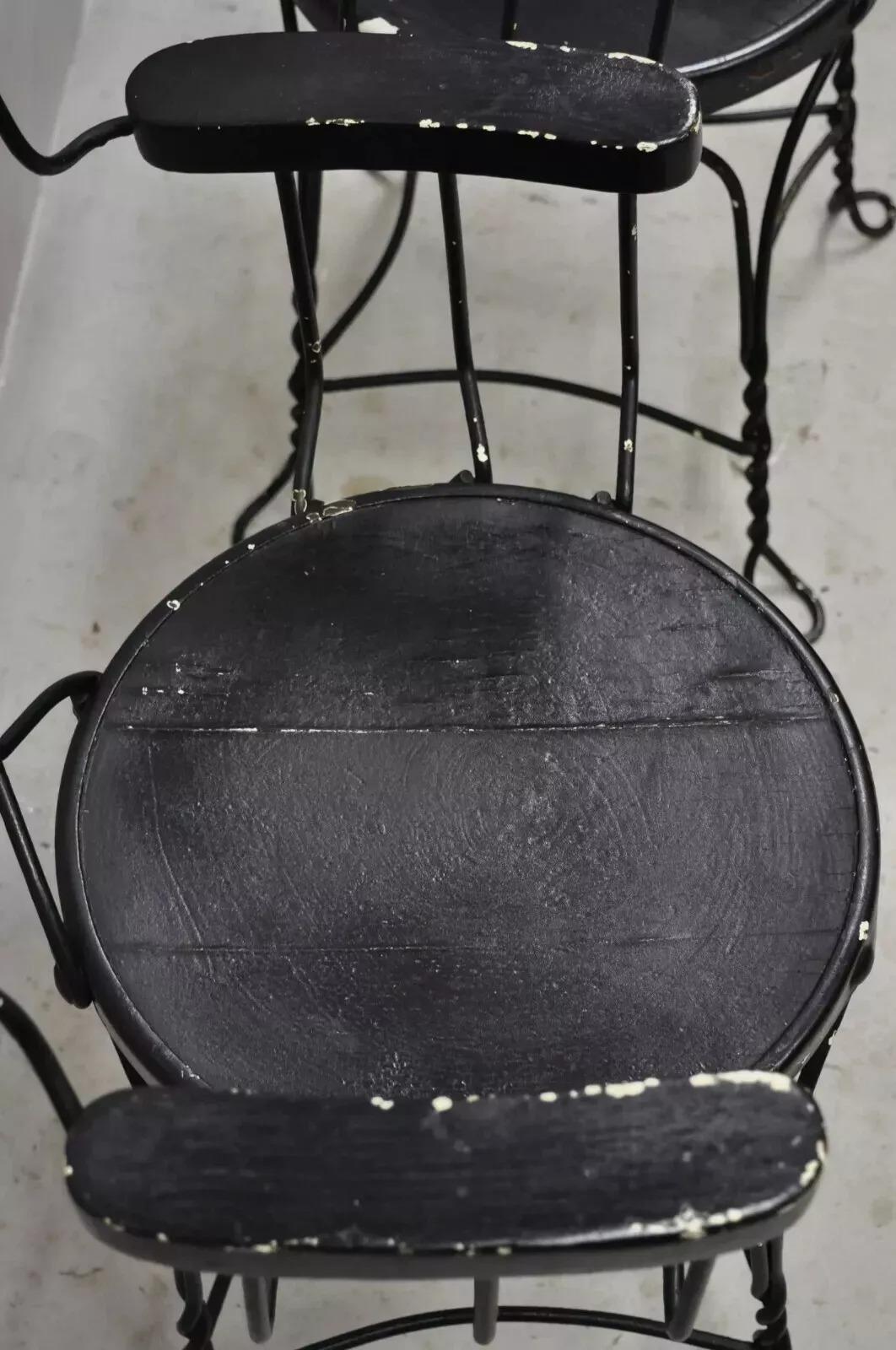 19th Century Antique Wrought Iron Twisted Metal Ice Cream Parlor Arm Chairs Wood Arms - Pair For Sale