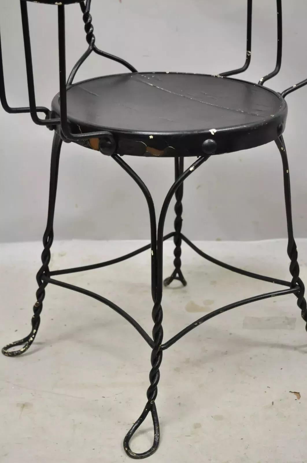 Antique Wrought Iron Twisted Metal Ice Cream Parlor Arm Chairs Wood Arms - Pair For Sale 1