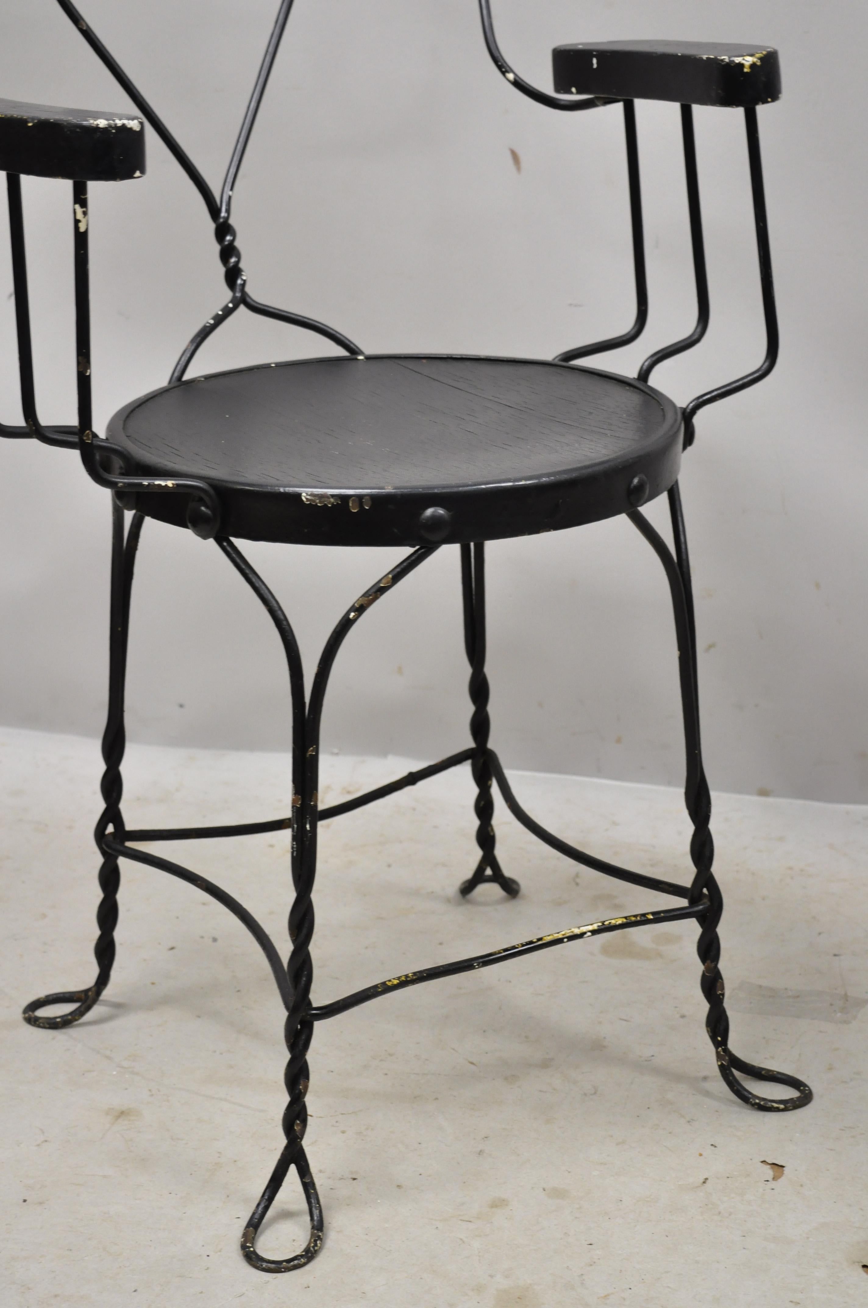 Antique Wrought Iron Twisted Metal Ice Cream Parlor Arm Chairs Wood Arms, Pair In Good Condition In Philadelphia, PA