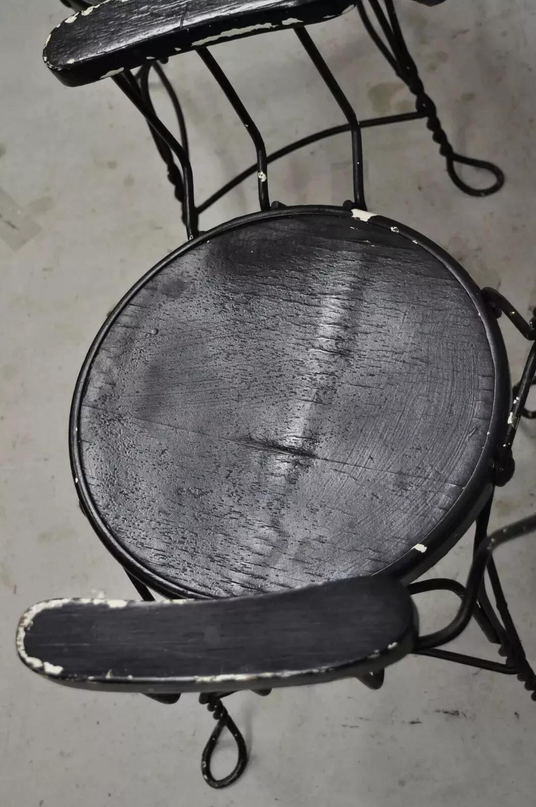 Antique Wrought Iron Twisted Metal Ice Cream Parlor Arm Chairs Wood Arms - Pair For Sale 2