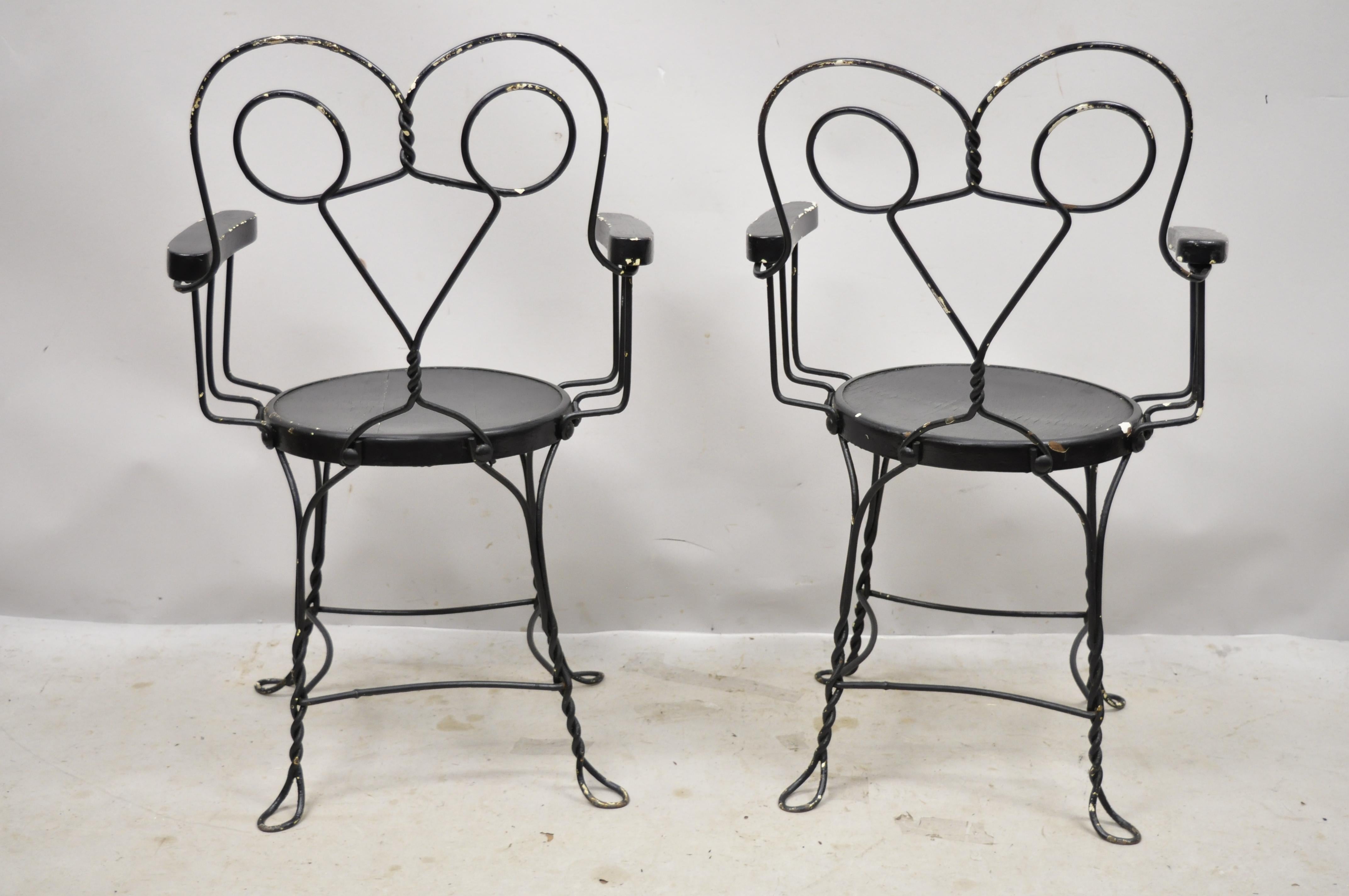 20th Century Antique Wrought Iron Twisted Metal Ice Cream Parlor Arm Chairs Wood Arms, Pair For Sale