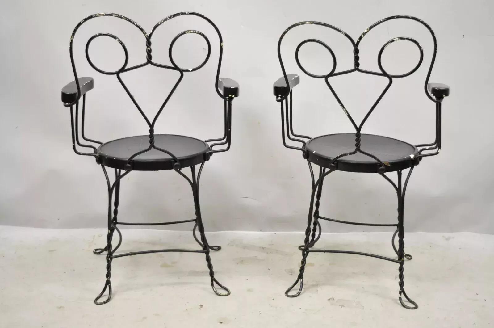 Antique Wrought Iron Twisted Metal Ice Cream Parlor Arm Chairs Wood Arms - Pair For Sale 3