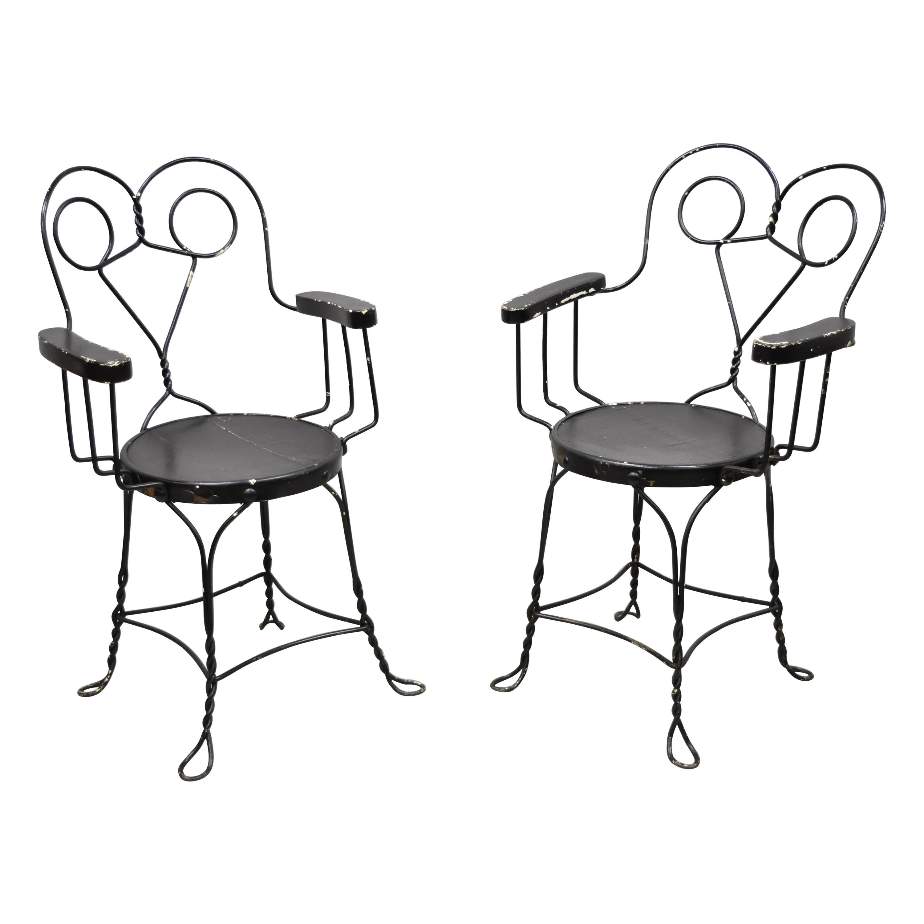 Antique Wrought Iron Twisted Metal Ice Cream Parlor Arm Chairs Wood Arms, Pair For Sale