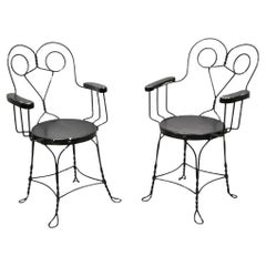 Antique Wrought Iron Twisted Metal Ice Cream Parlor Arm Chairs Wood Arms - Pair