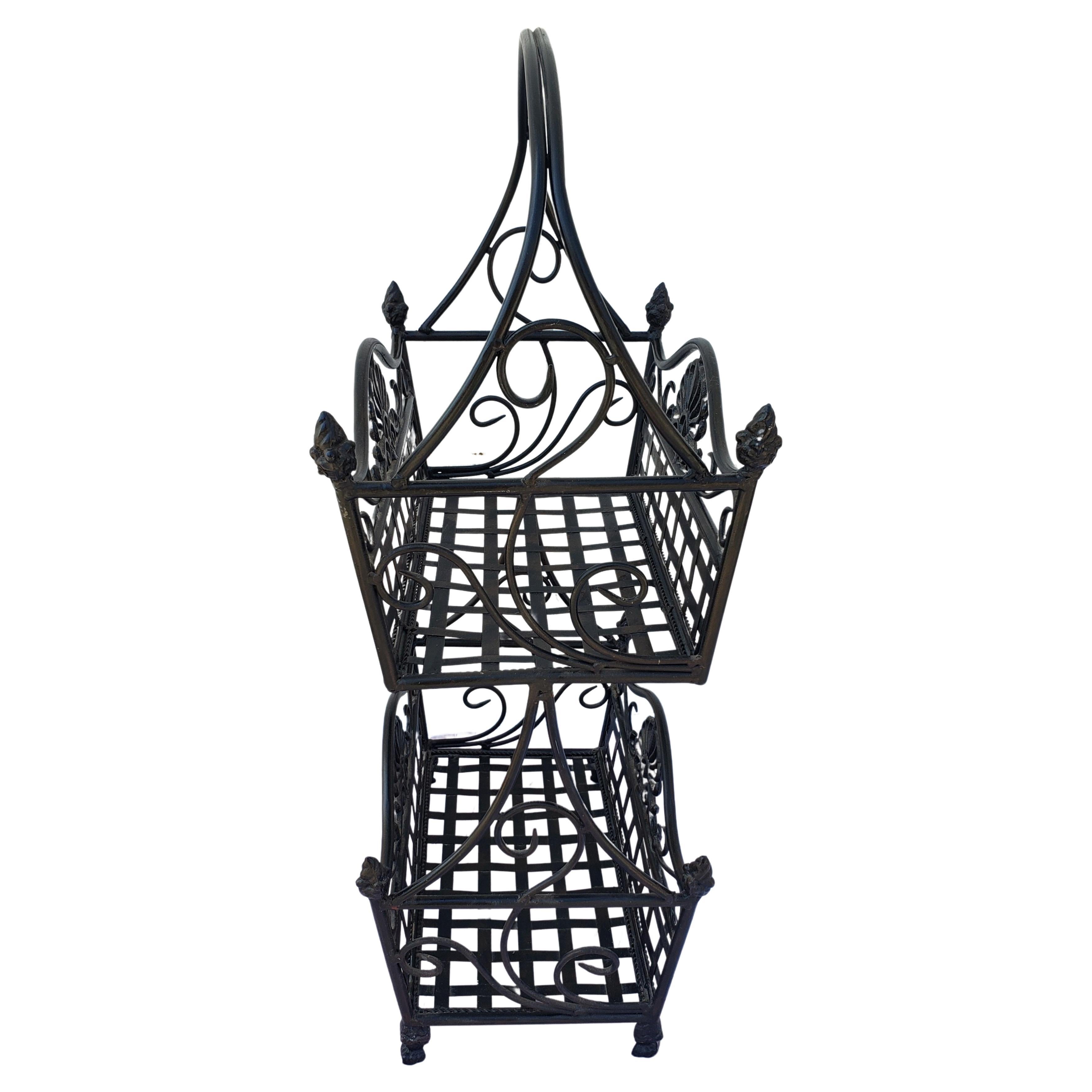 American Classical Antique Wrought Iron Two Tier Standing Basket For Sale