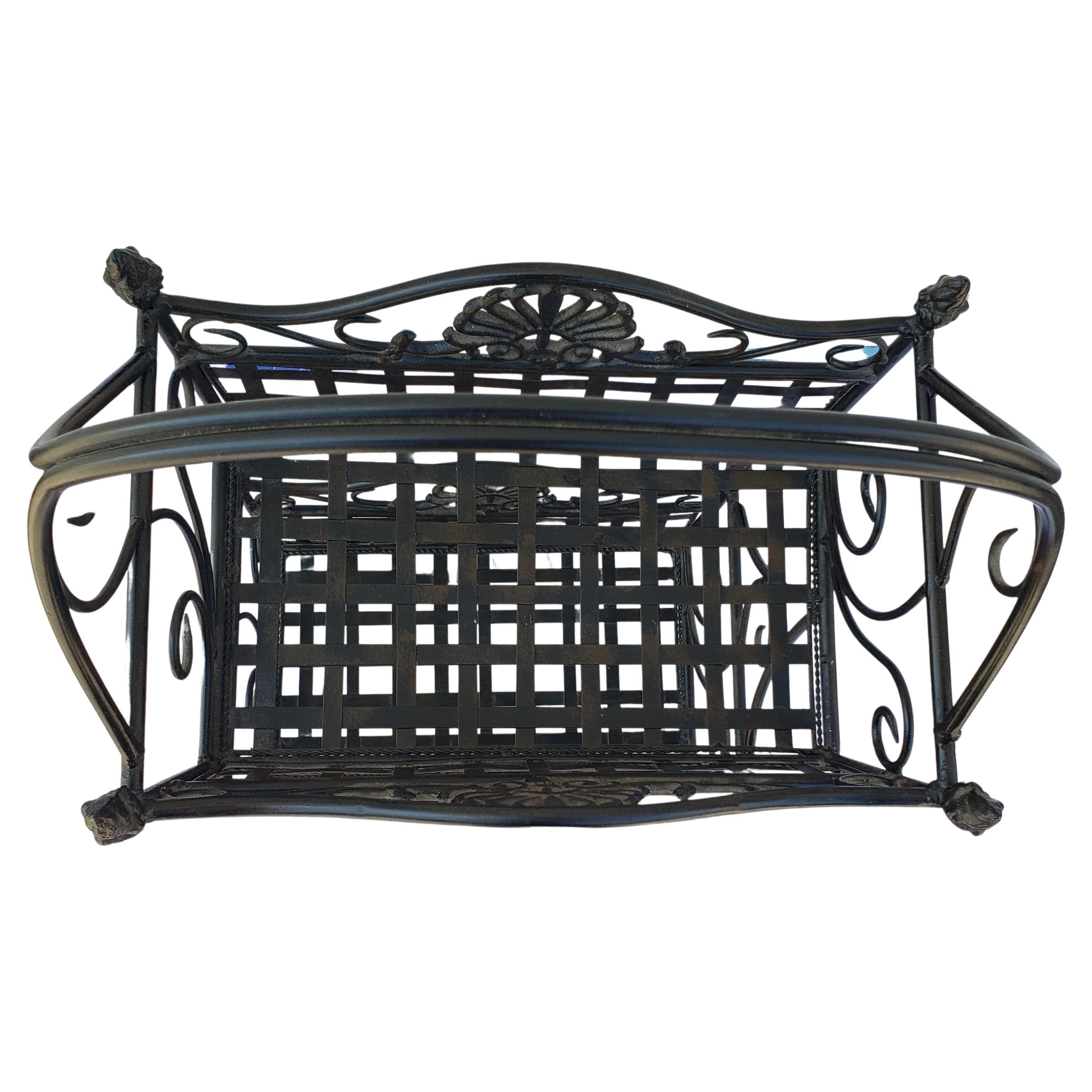 American Antique Wrought Iron Two Tier Standing Basket For Sale