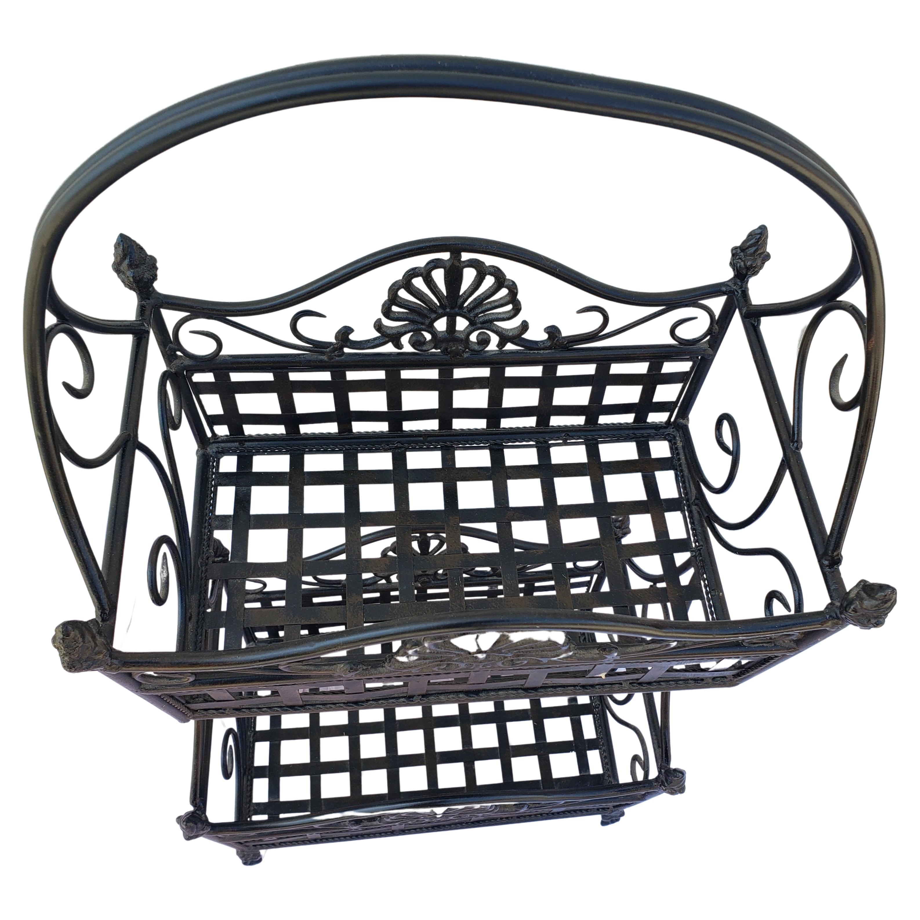 Metalwork Antique Wrought Iron Two Tier Standing Basket For Sale