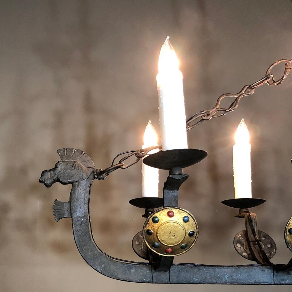 French Antique Wrought Iron Viking Chandelier