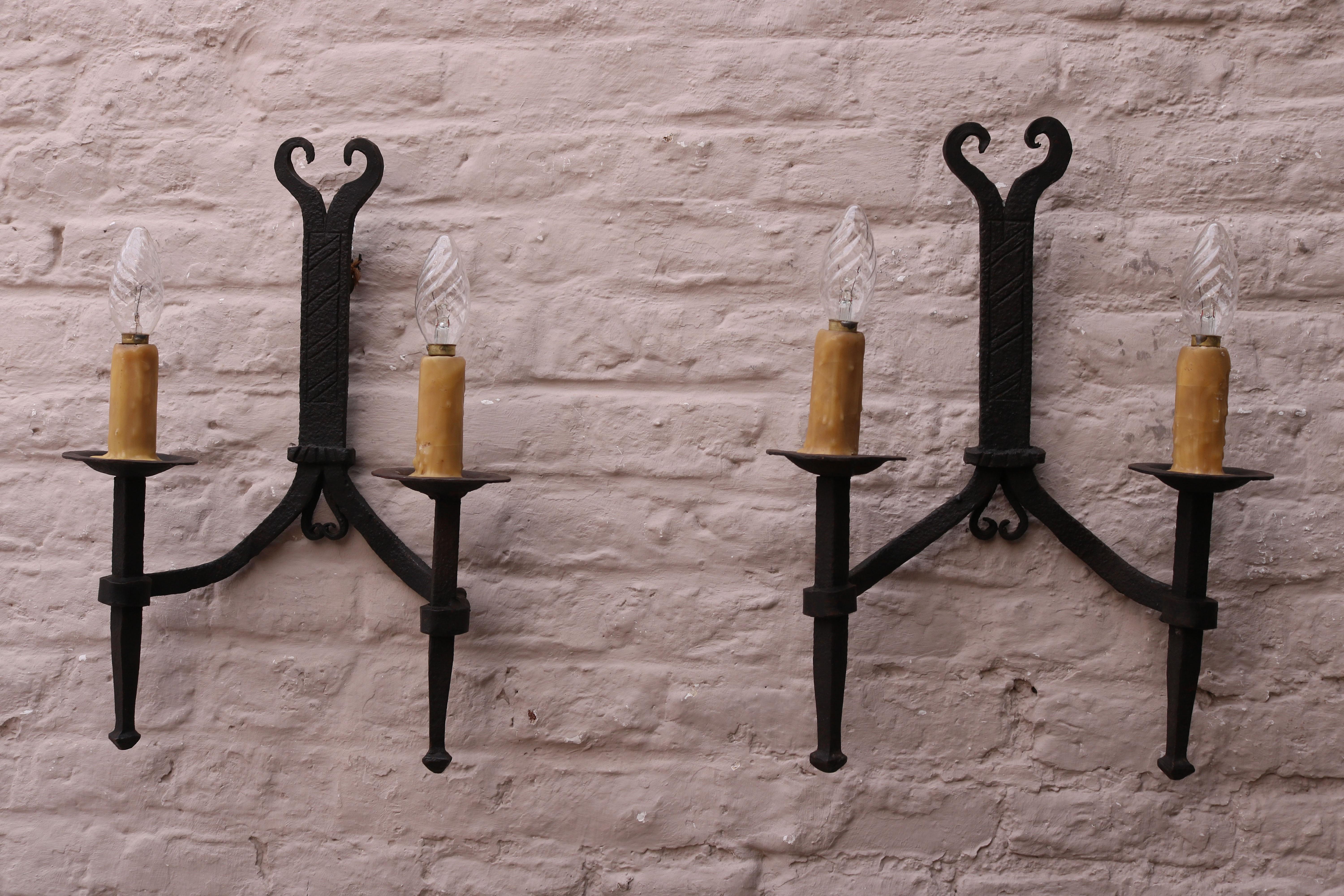 Arts and Crafts Antique Wrought Iron Wall Lights / Sconces 1900 Spanish Style Arts & Crafts
