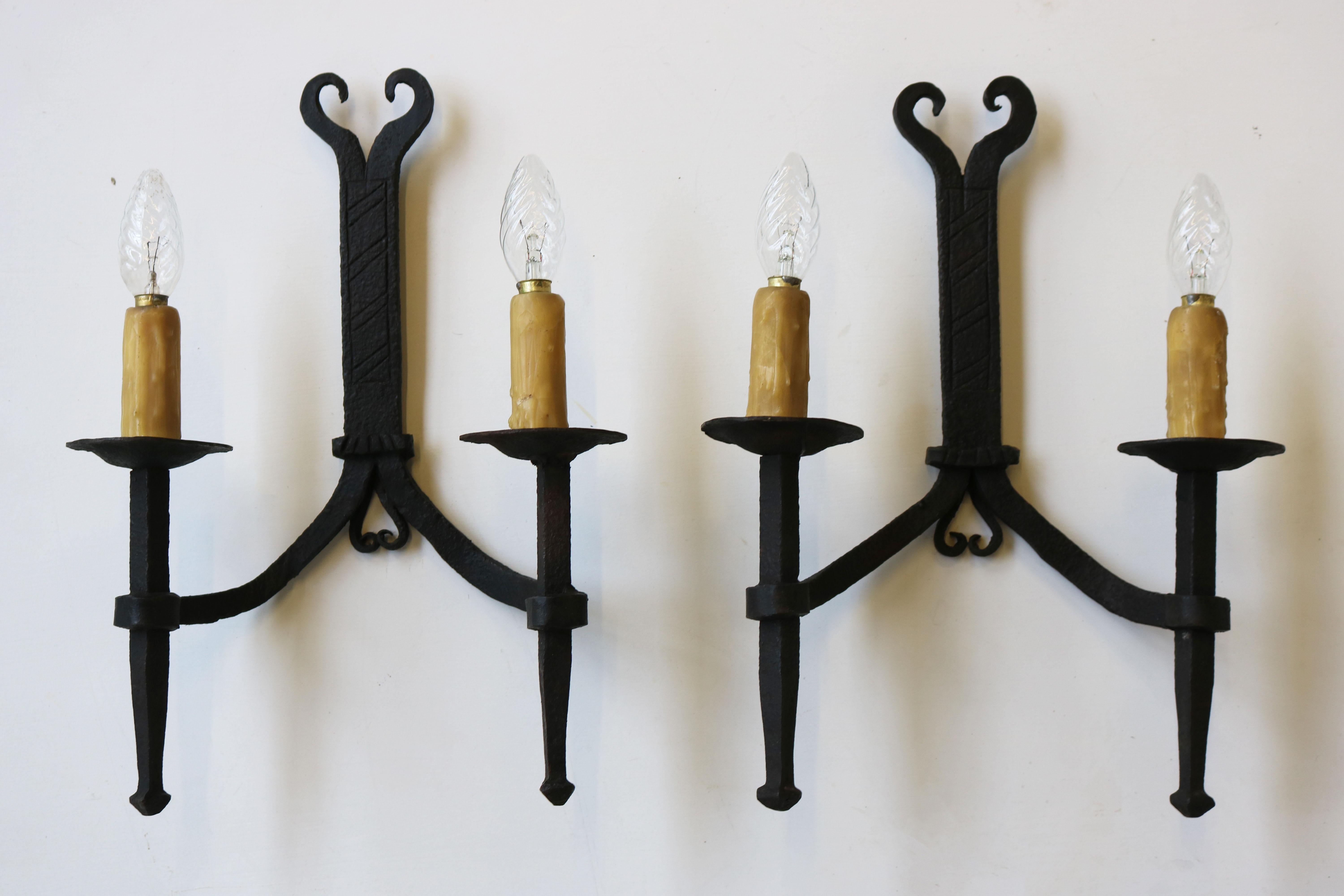 Early 20th Century Antique Wrought Iron Wall Lights / Sconces 1900 Spanish Style Arts & Crafts