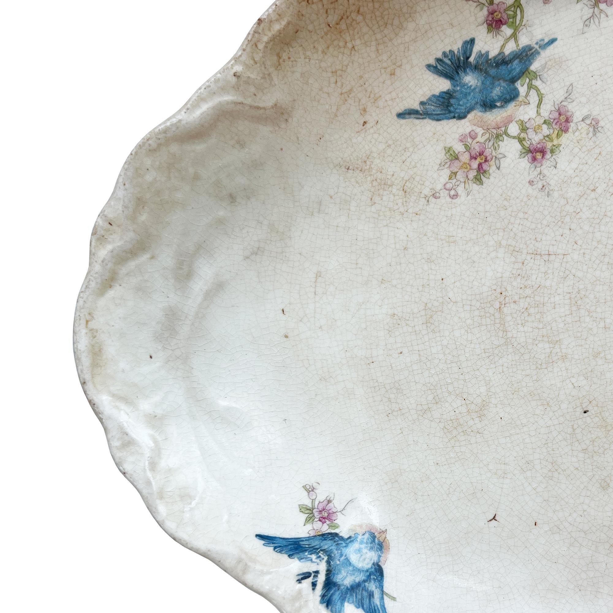 Rustic Antique W.S. George “Radisson” Bluebird Ironstone Platter, Early 20th Century For Sale