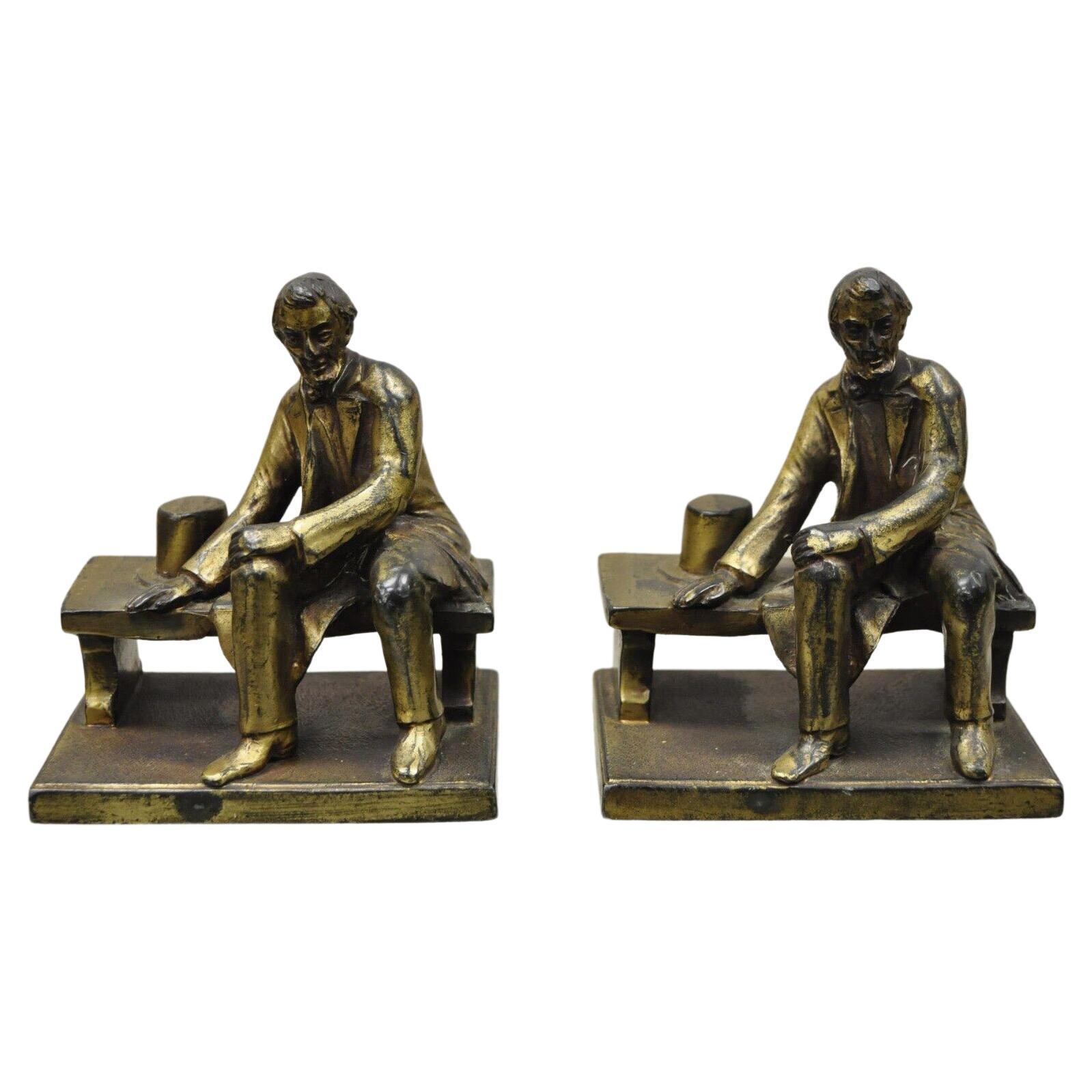 Antique W.V. Egbert Co. Seated Abraham Abe Lincoln Metal Bronze Bookends For Sale