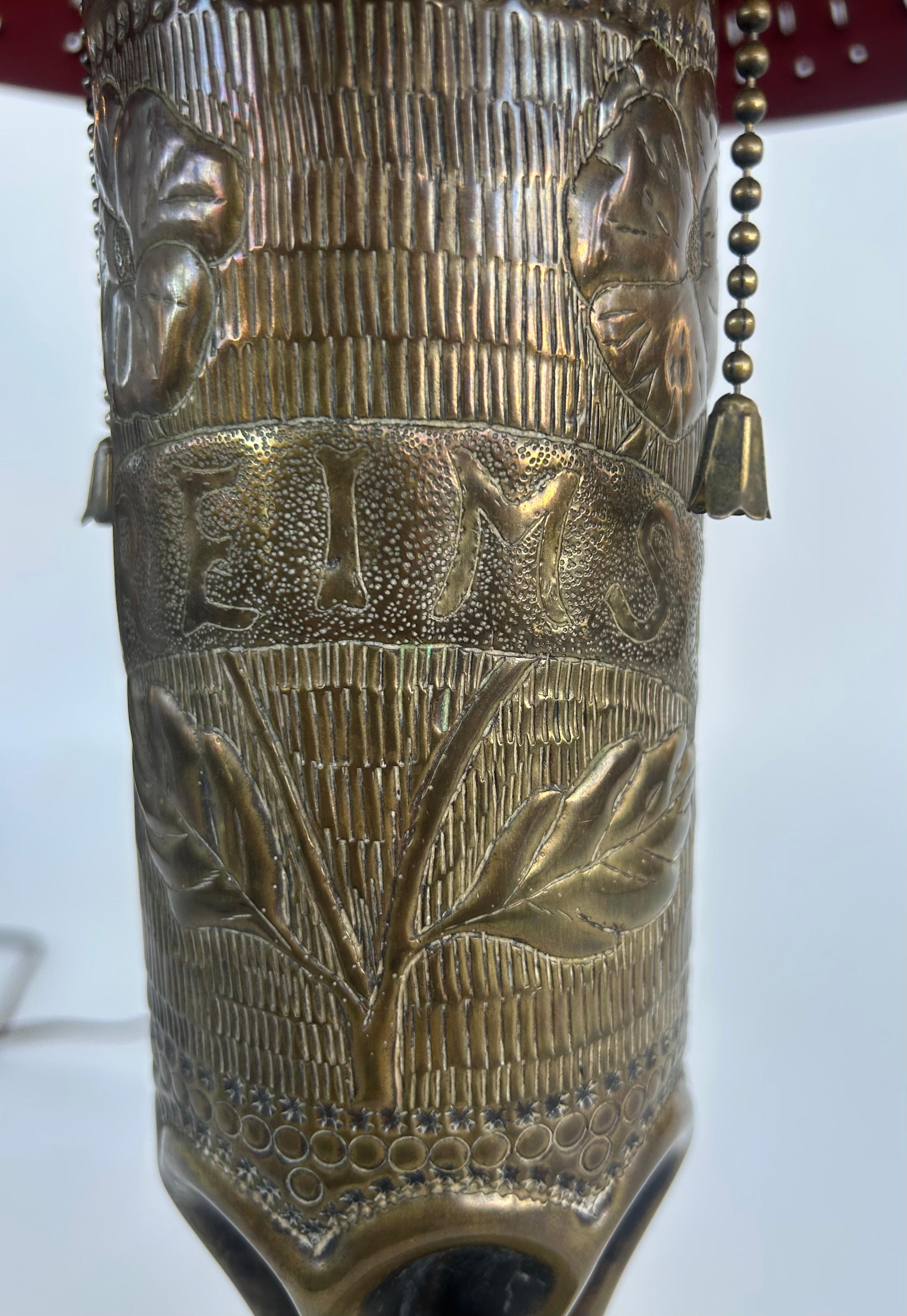 American Antique WWI Trench Art Engraved Brass Artillery Shell Table Lamp For Sale