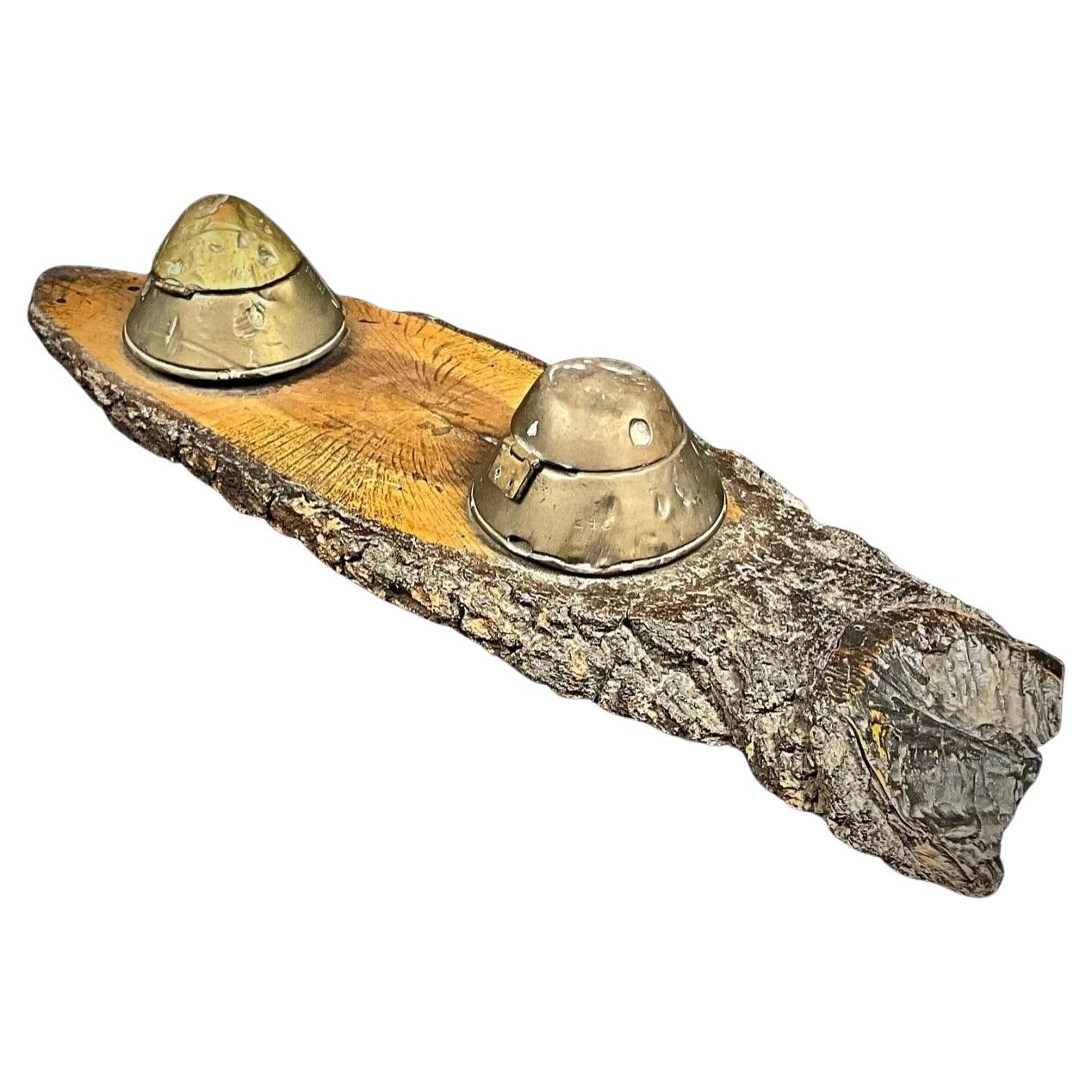 Antique WWI Inkwell with German Flare Shell Heads on Wooden Base - 2Y324