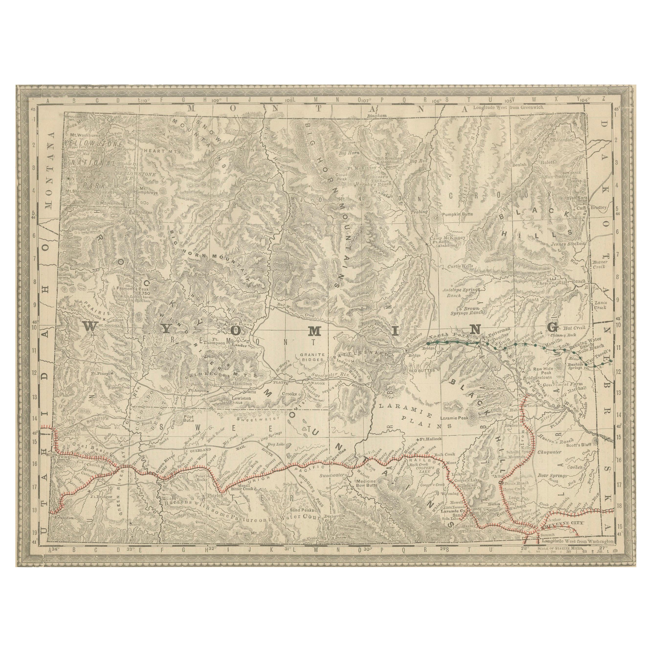 Carte murale ancienne du Wyoming - Chemins de fer, montagnes et plaines, circa 1888