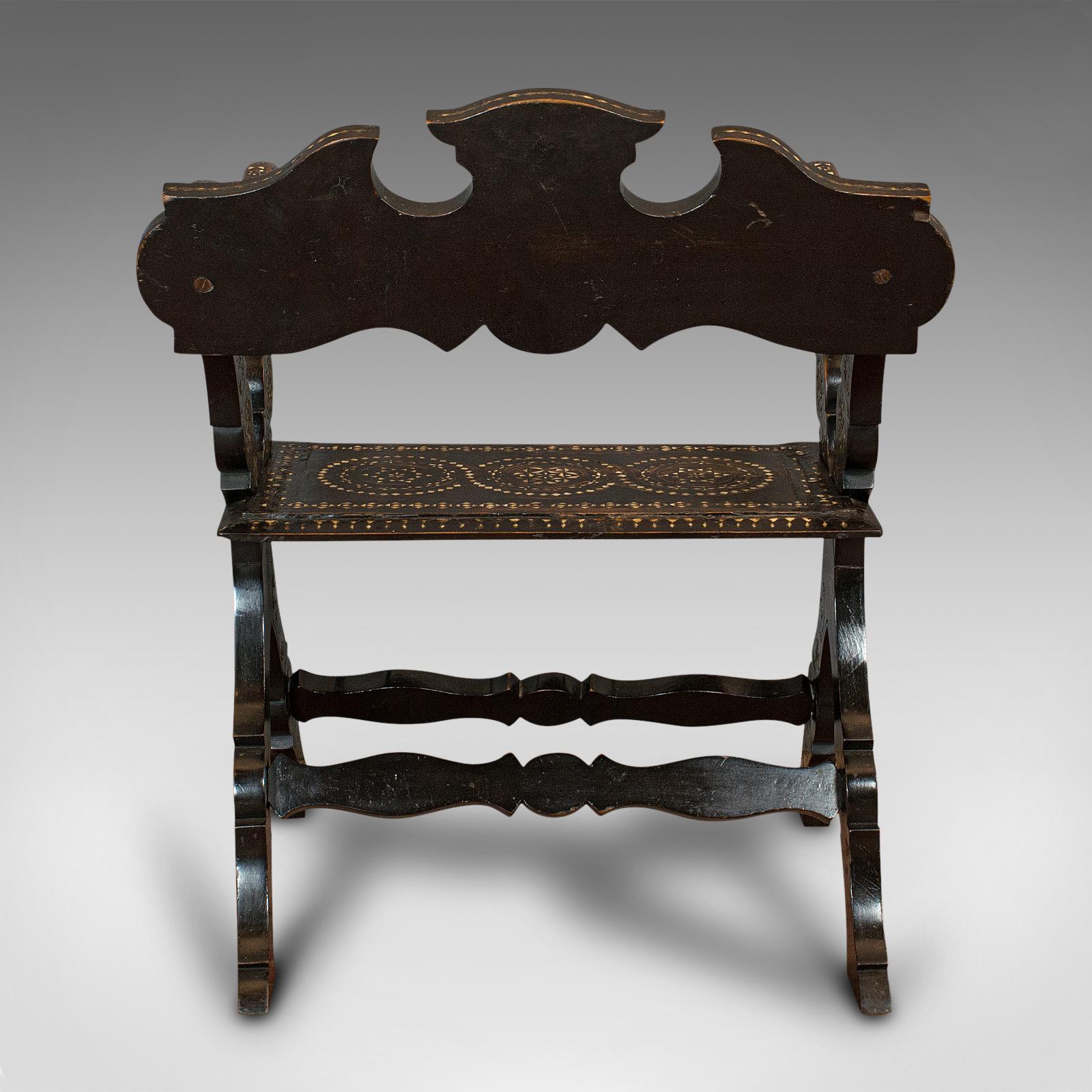 Early Victorian Antique X-Frame Chair, Middle Eastern, Mahogany, Seat, Bone Inlay, circa 1850 For Sale