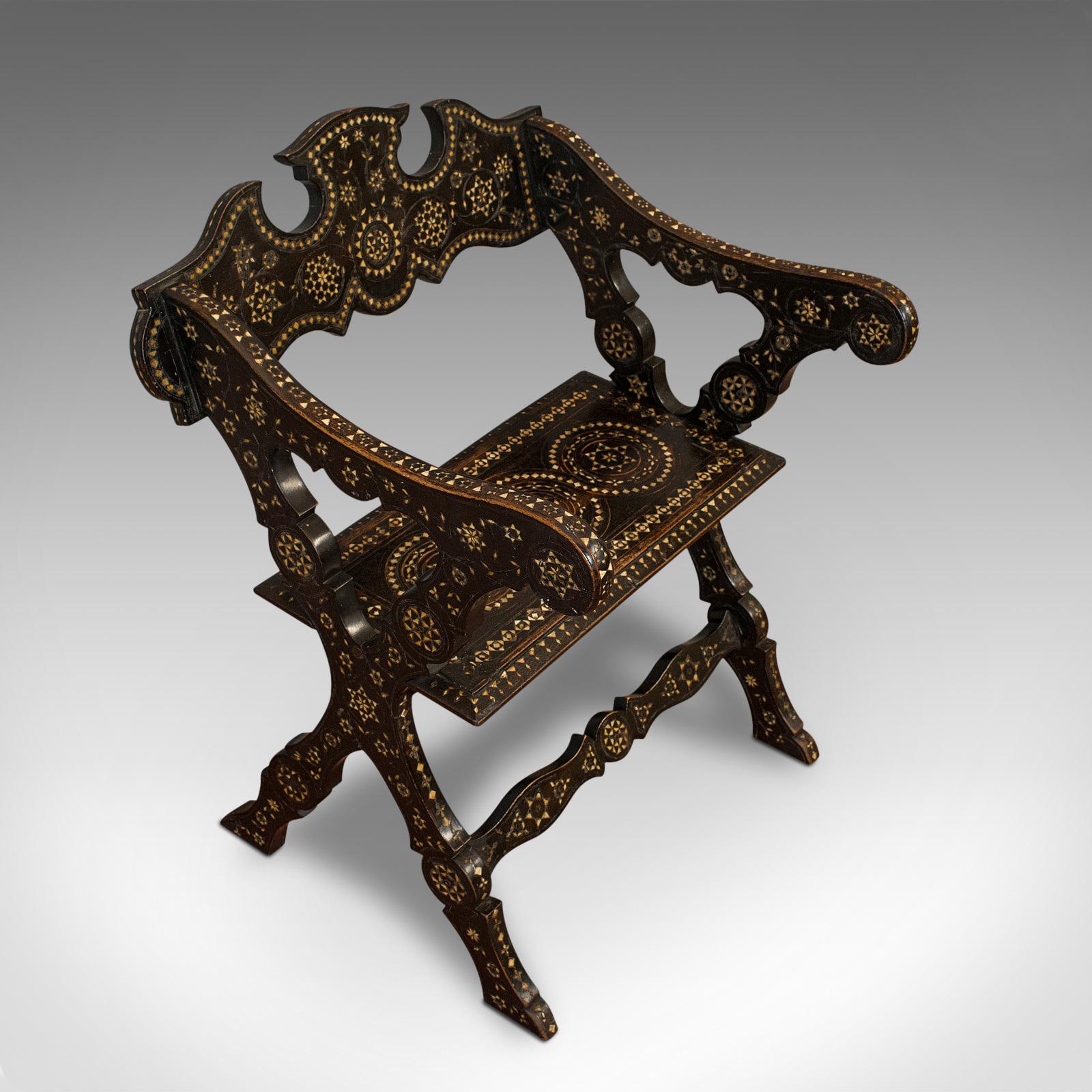 Asian Antique X-Frame Chair, Middle Eastern, Mahogany, Seat, Bone Inlay, circa 1850 For Sale
