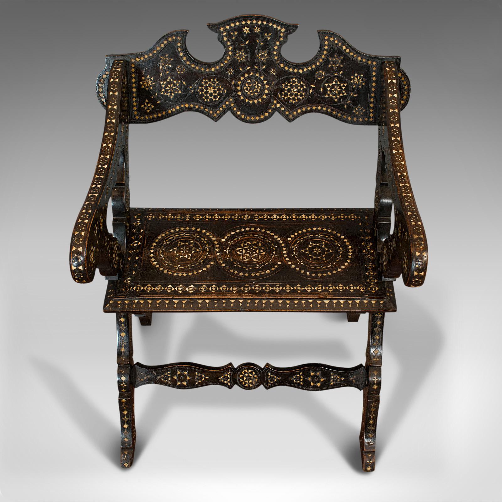Antique X-Frame Chair, Middle Eastern, Mahogany, Seat, Bone Inlay, circa 1850 In Good Condition For Sale In Hele, Devon, GB