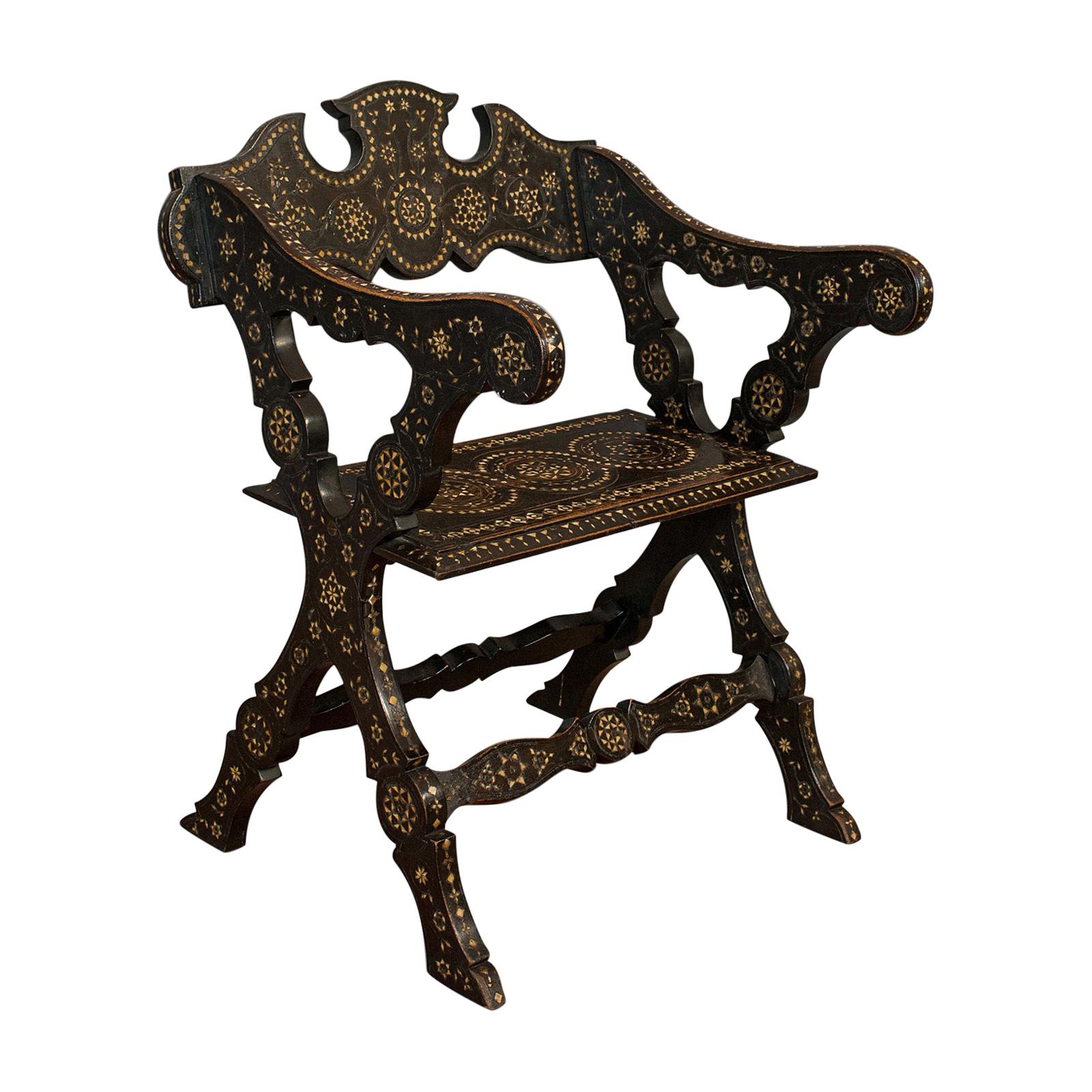 Antique X-Frame Chair, Middle Eastern, Mahogany, Seat, Bone Inlay, circa 1850 For Sale