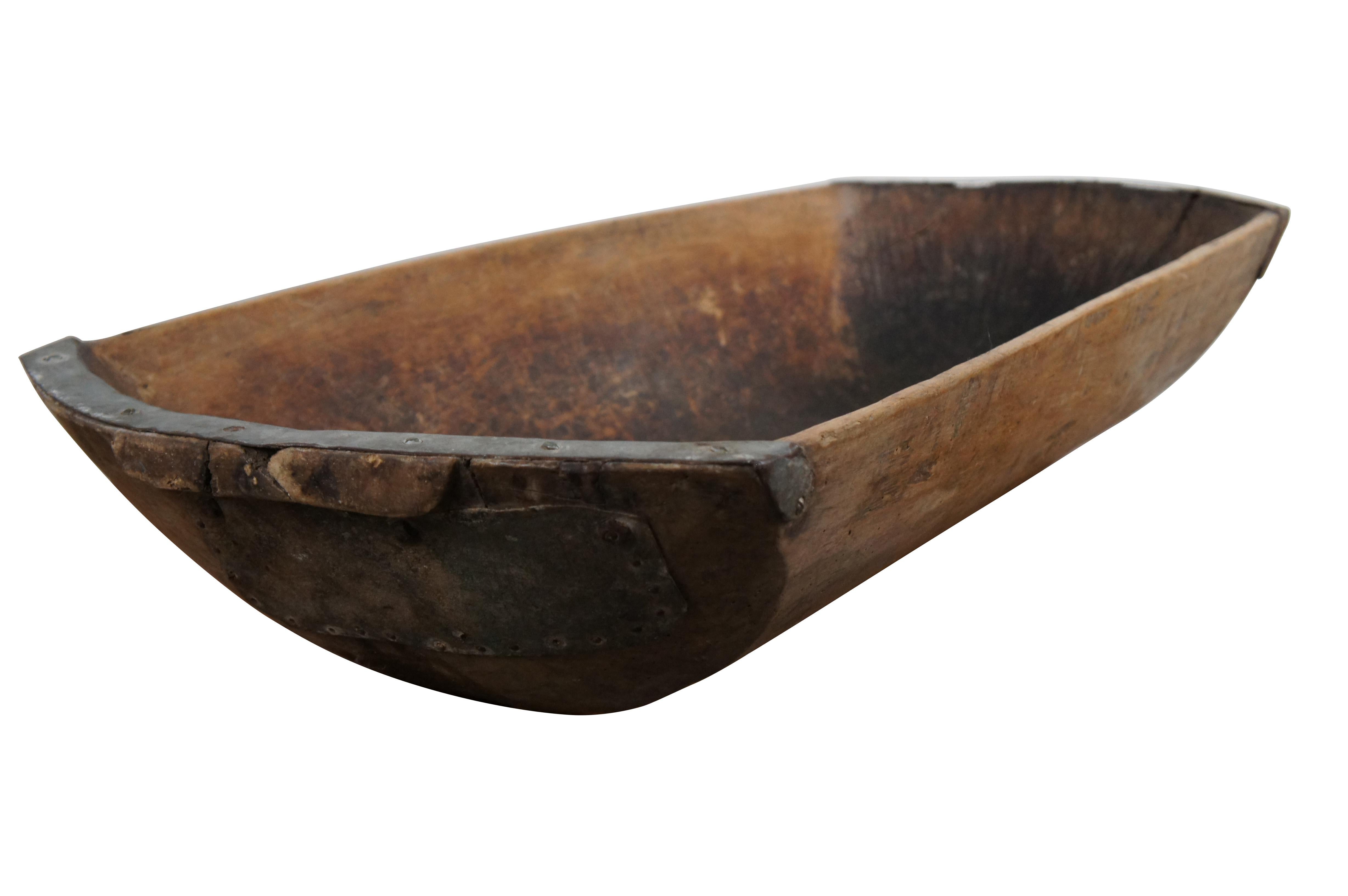 Primitif Antiquity X-Large Wood Iron Banded Farmhouse Dough Trencher Bowl 44