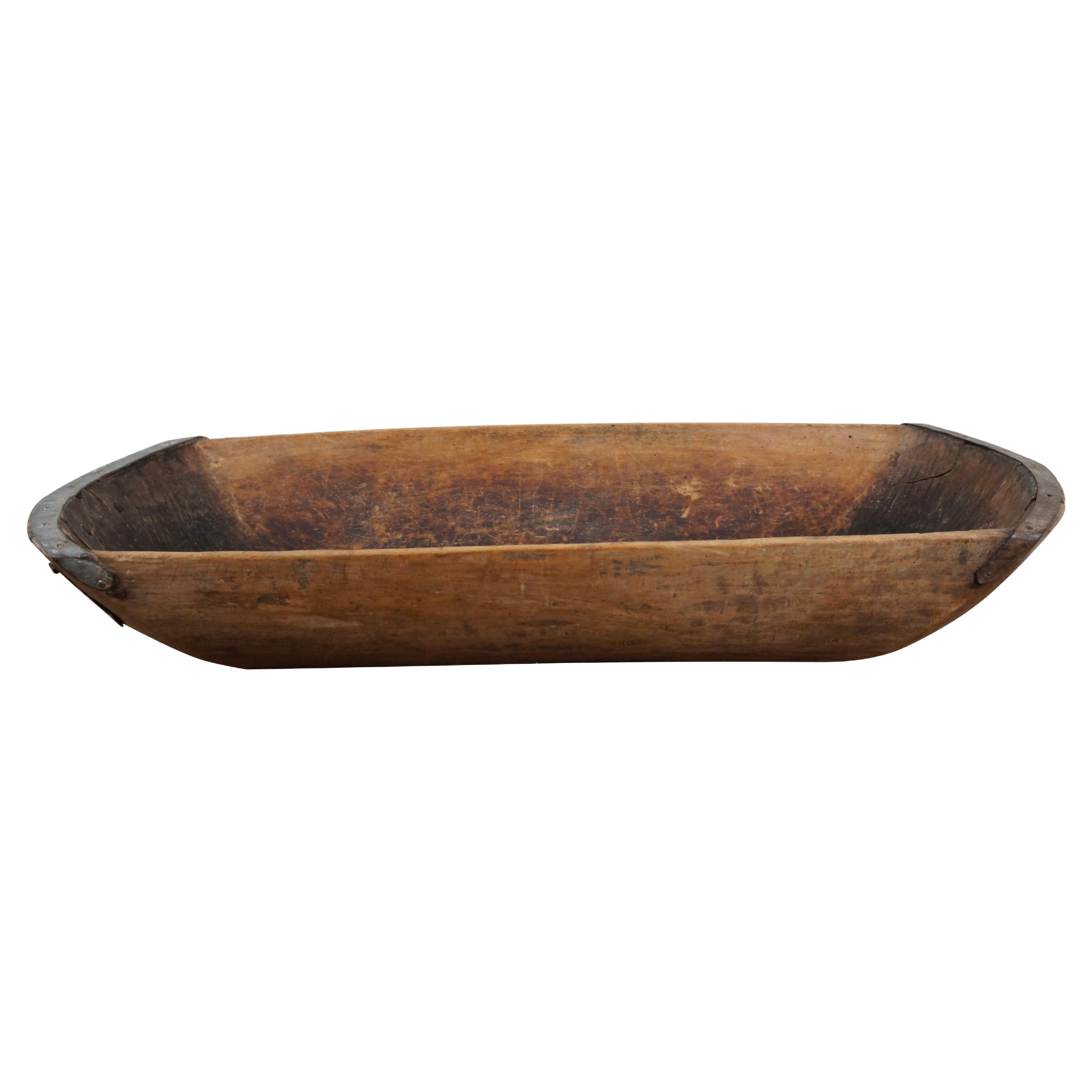 Antique X-Large Carved Wood Iron Banded Farmhouse Dough Trencher Bowl 44"  For Sale