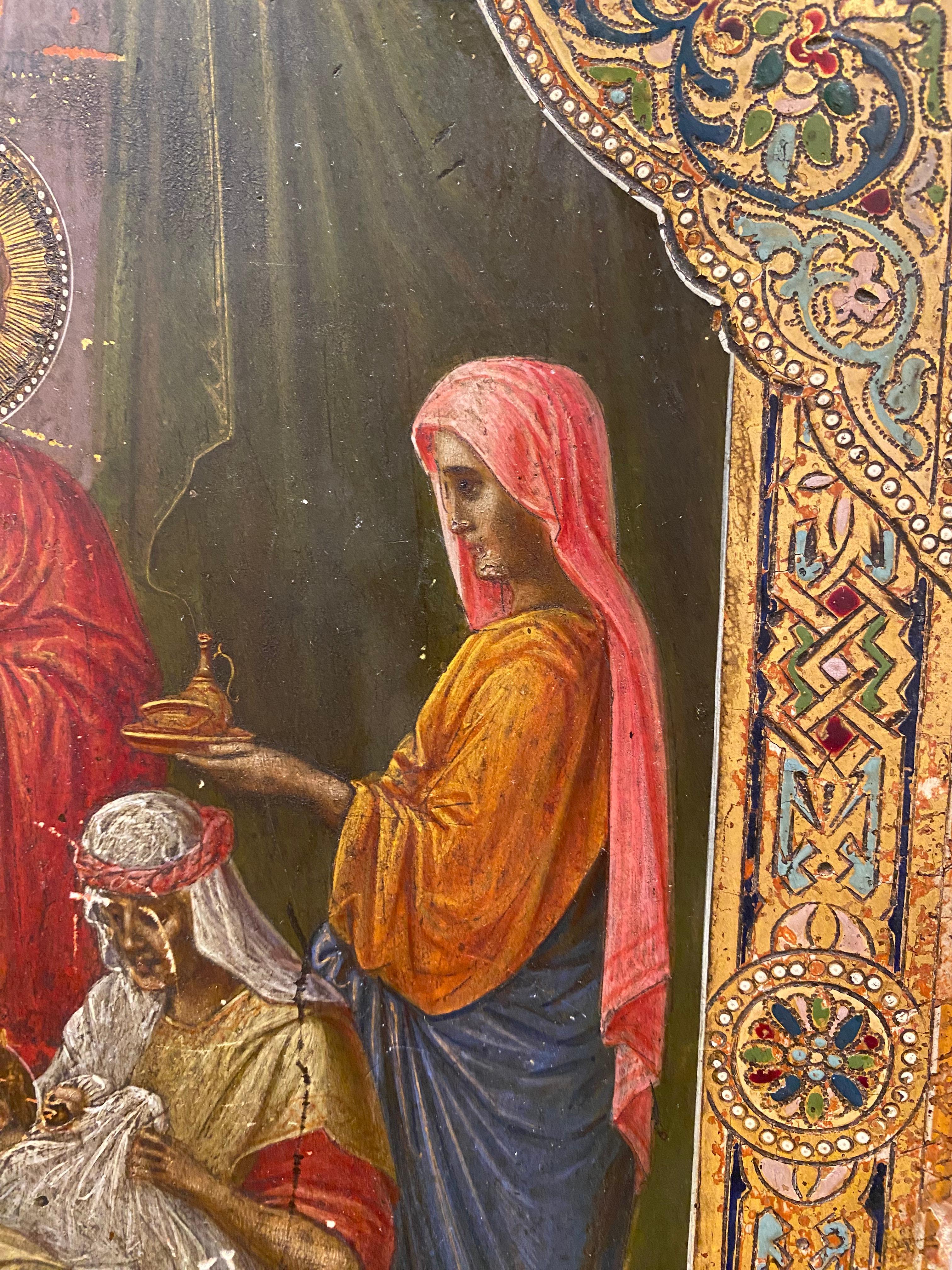 Antike russische Ikone des XIX. Jahrhunderts, die Jesus Christus und die Heiligen darstellt. 1