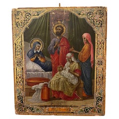 Antike russische Ikone des XIX. Jahrhunderts, die Jesus Christus und die Heiligen darstellt.