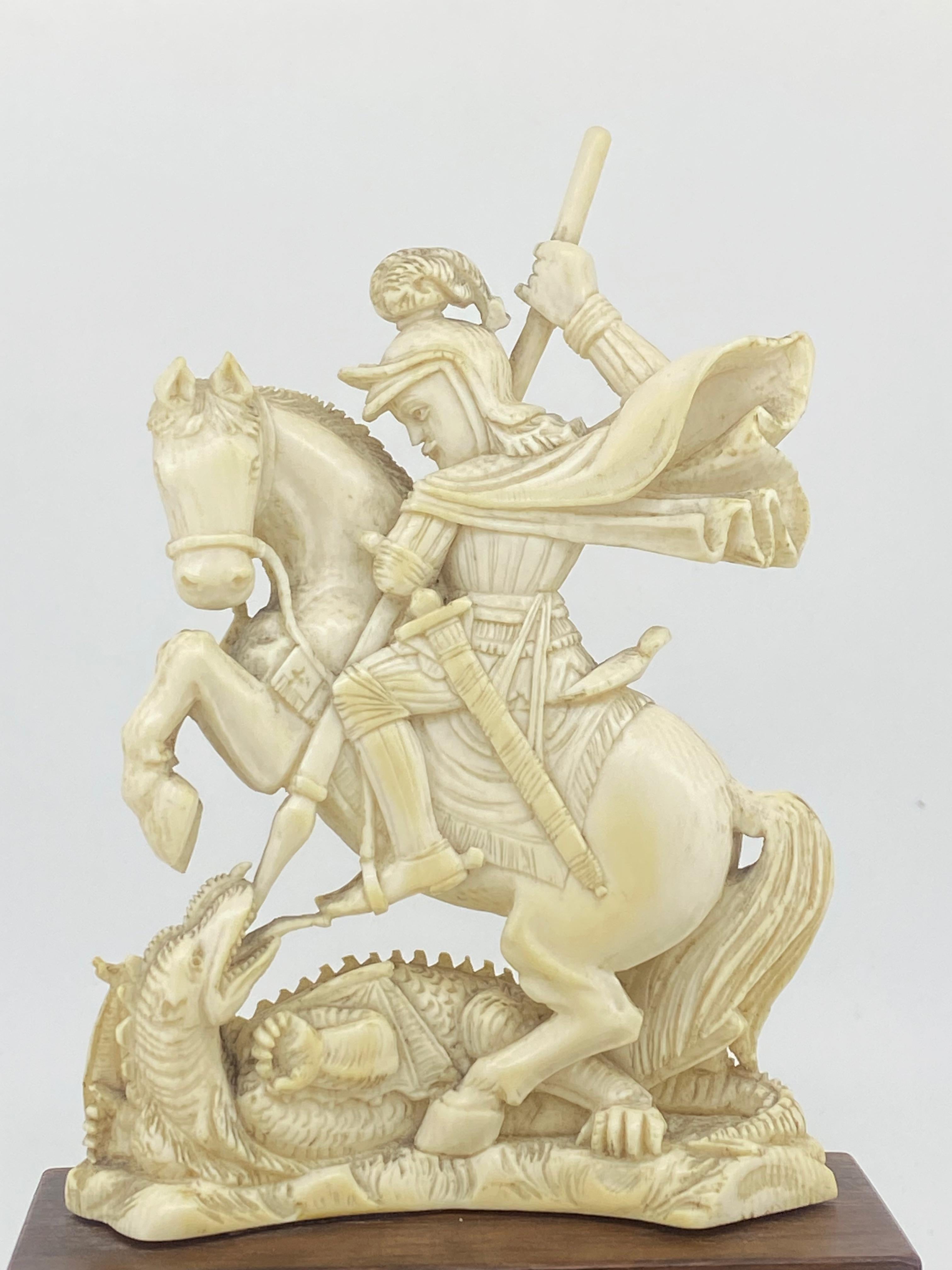 Victorian Antique XIXc Indian Natural Carving of St George Slaying a Dragon. Dieppe Style. For Sale