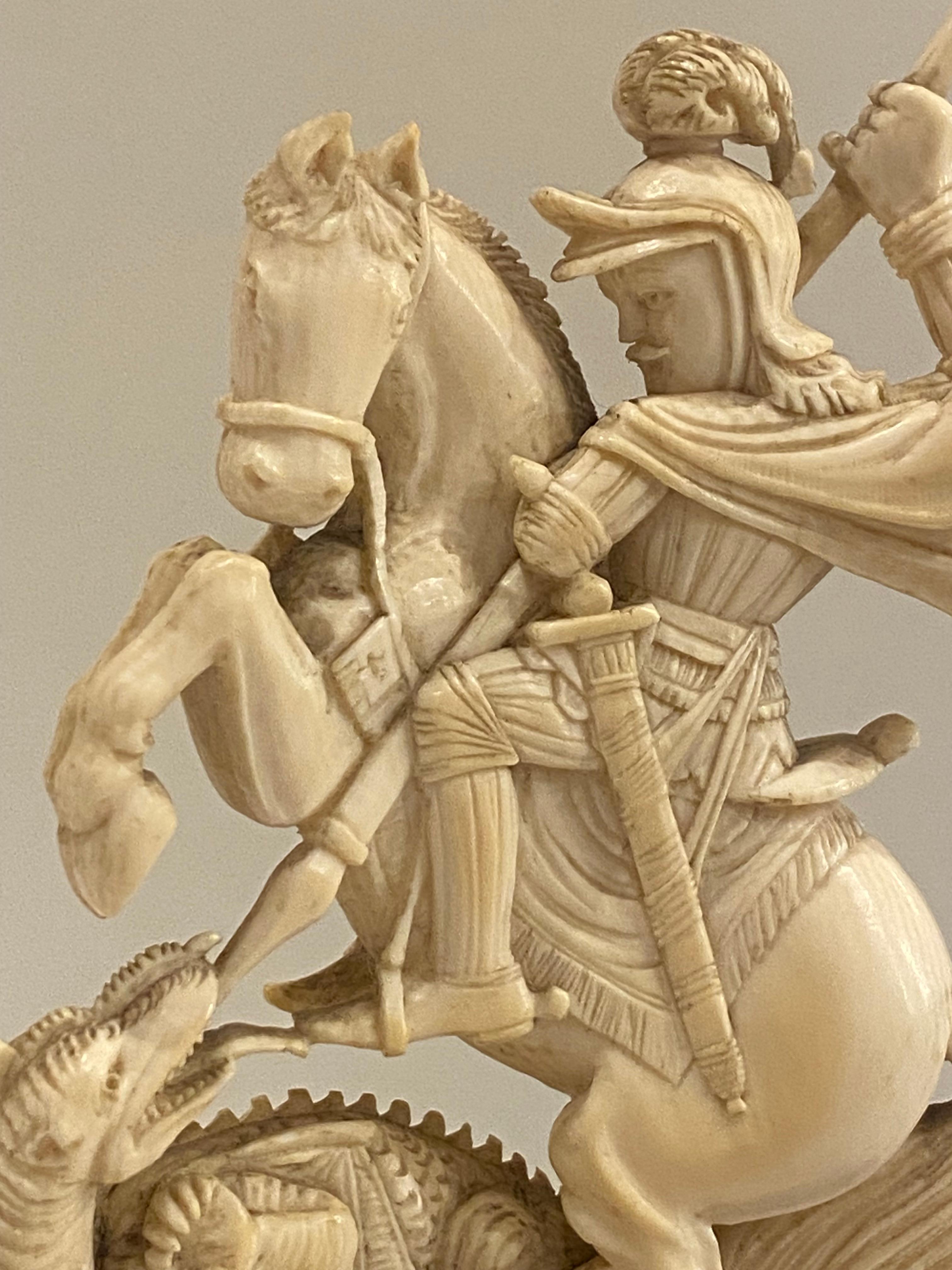 Antique XIXc Indian Natural Carving of St George Slaying a Dragon. Dieppe Style. For Sale 3