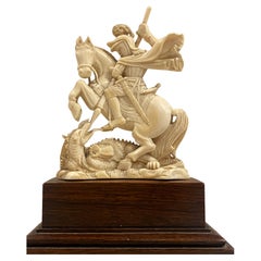 Antique XIXc Indian Natural Carving of St George Slaying a Dragon. Dieppe Style.