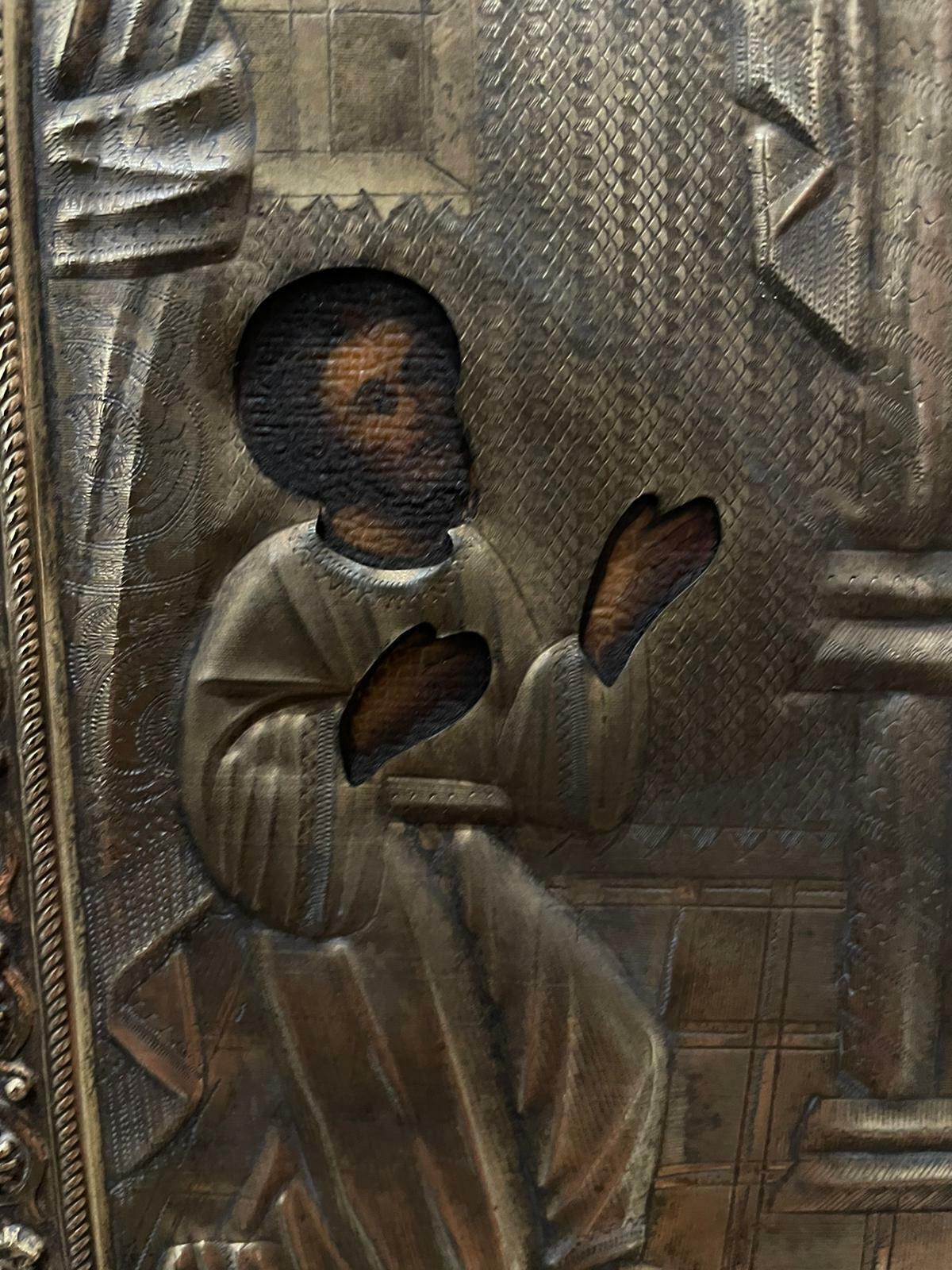 Antike XIXc Russische Messing Riza Ikone. John the Baptist, Mutter des Gottes und Jesus. im Zustand „Hervorragend“ im Angebot in MELBOURNE, AU