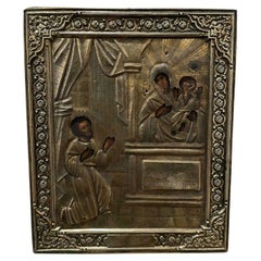 Icône de Riza en laiton russe antique du XIXème siècle. John le Baptiste, Mère de Dieu et Jésus