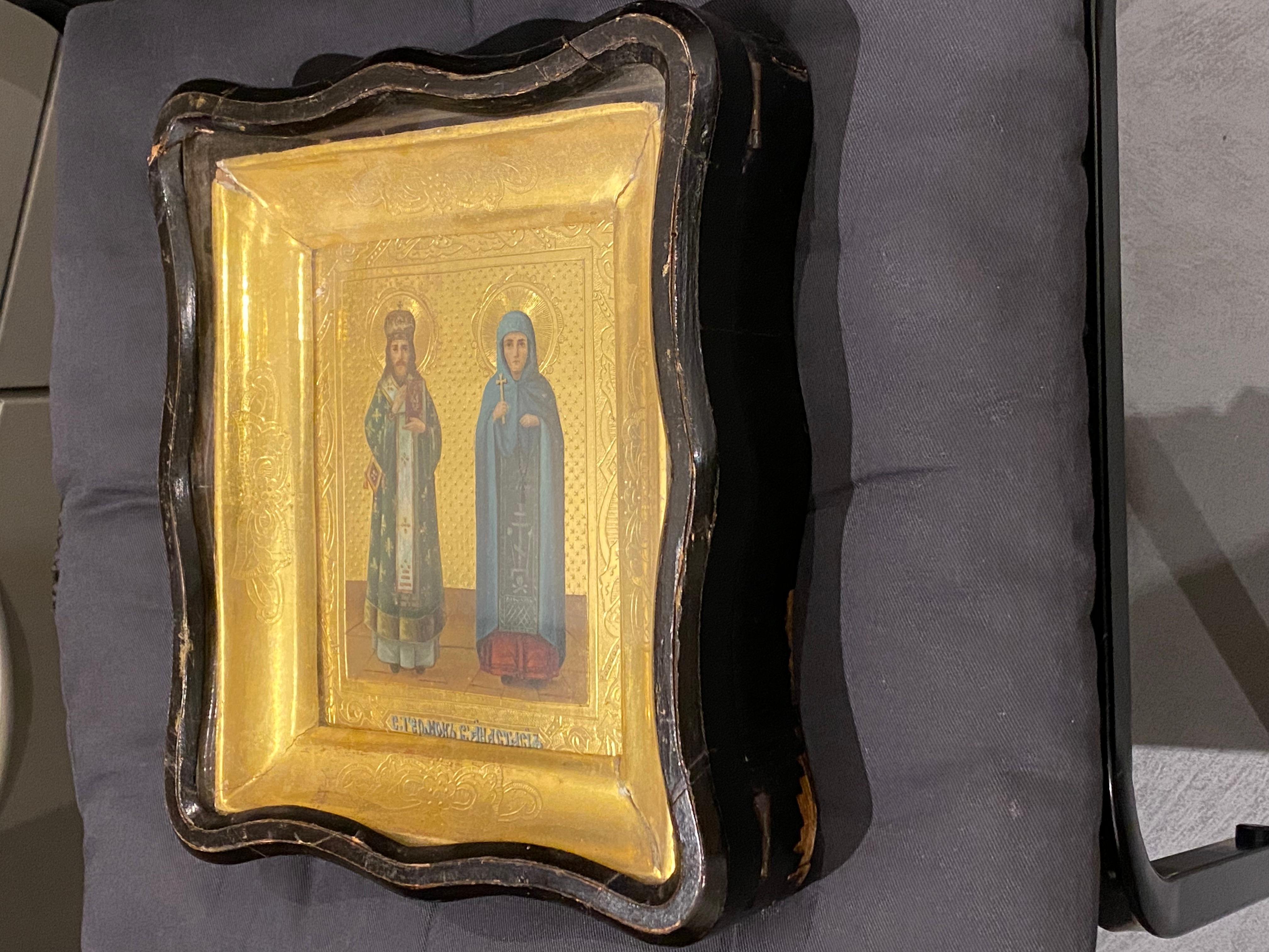  Antiquity XIXc Russian Icon, Framed & inside Wooden Box, depicting 2 Saints. Unisexe 