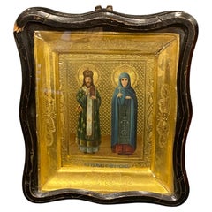 Antiquity XIXc Russian Icon, Framed & inside Wooden Box, depicting 2 Saints.
